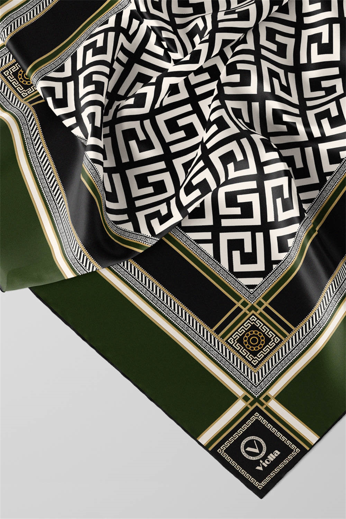 Twill Antik Desenli Zümrüt Yeşili Renkli 90x90 Eşarp (İpek İçermez) Kenar Dikiş Şekli El Dikişli
