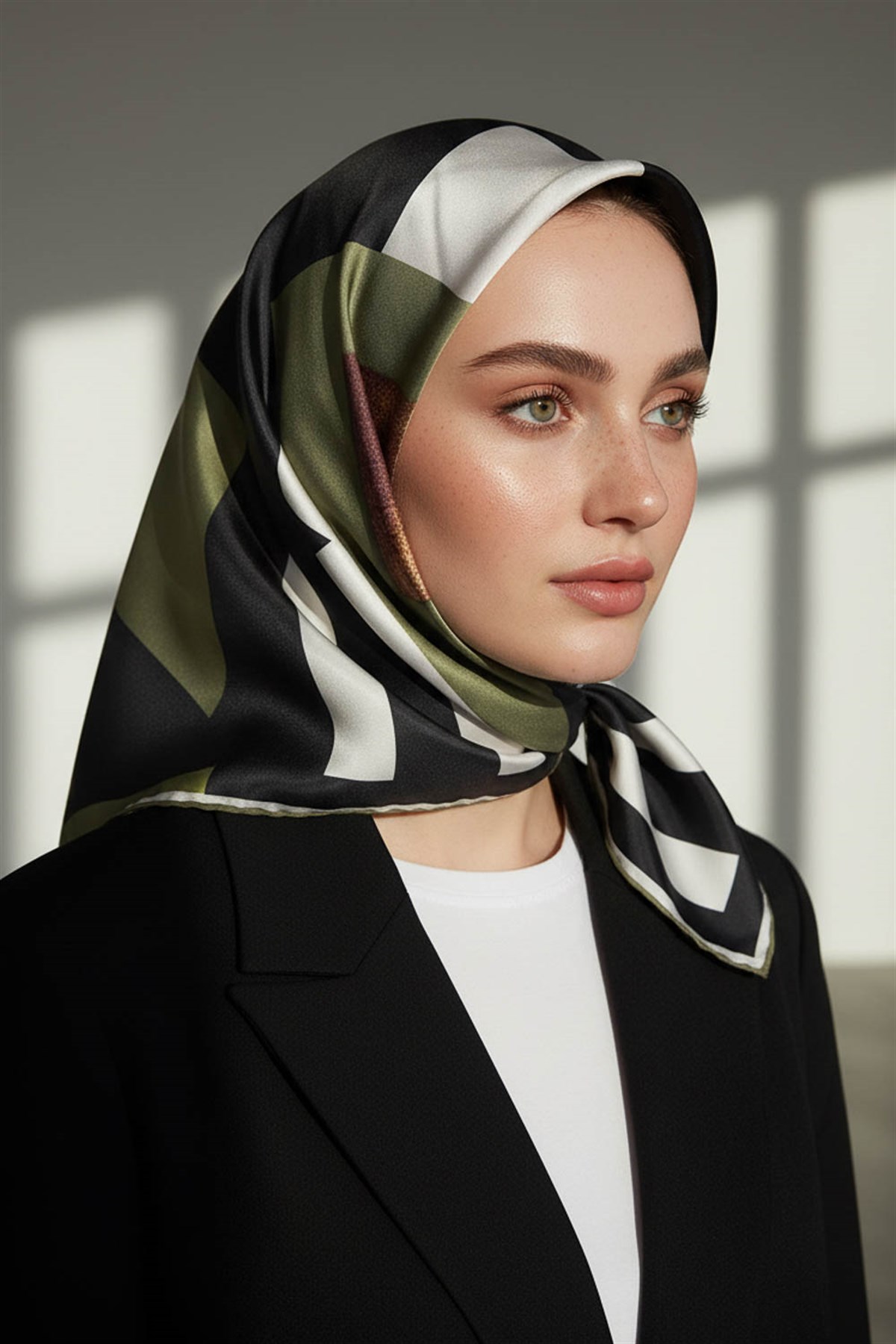 %100 Twill İpek Karo Desenli Haki - Siyah Renkli 90x90 Eşarp Dikim Şekli : El Dikişi