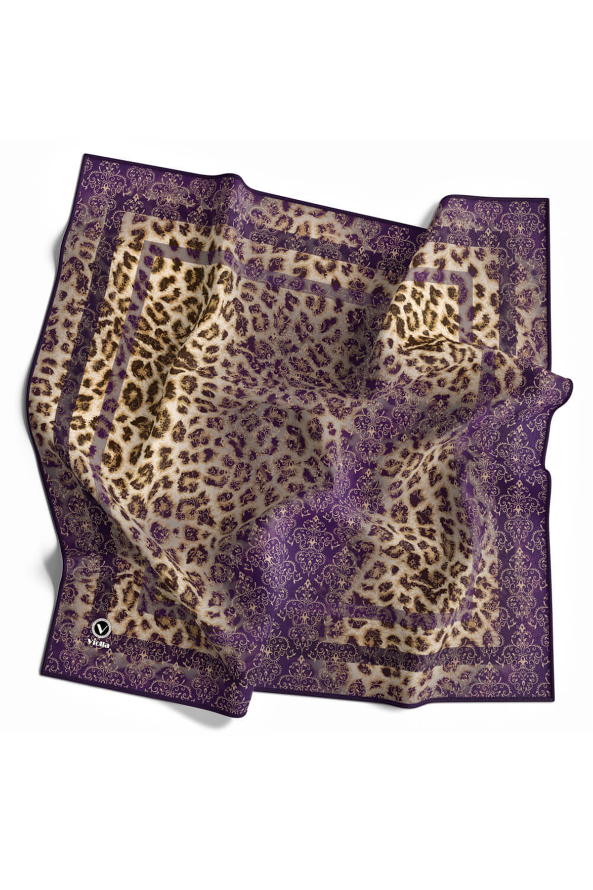 Twill Leopar Desenli Mor Renkli 90x90 Eşarp (İpek İçermez) Kenar Dikiş Şekli El Dikişli