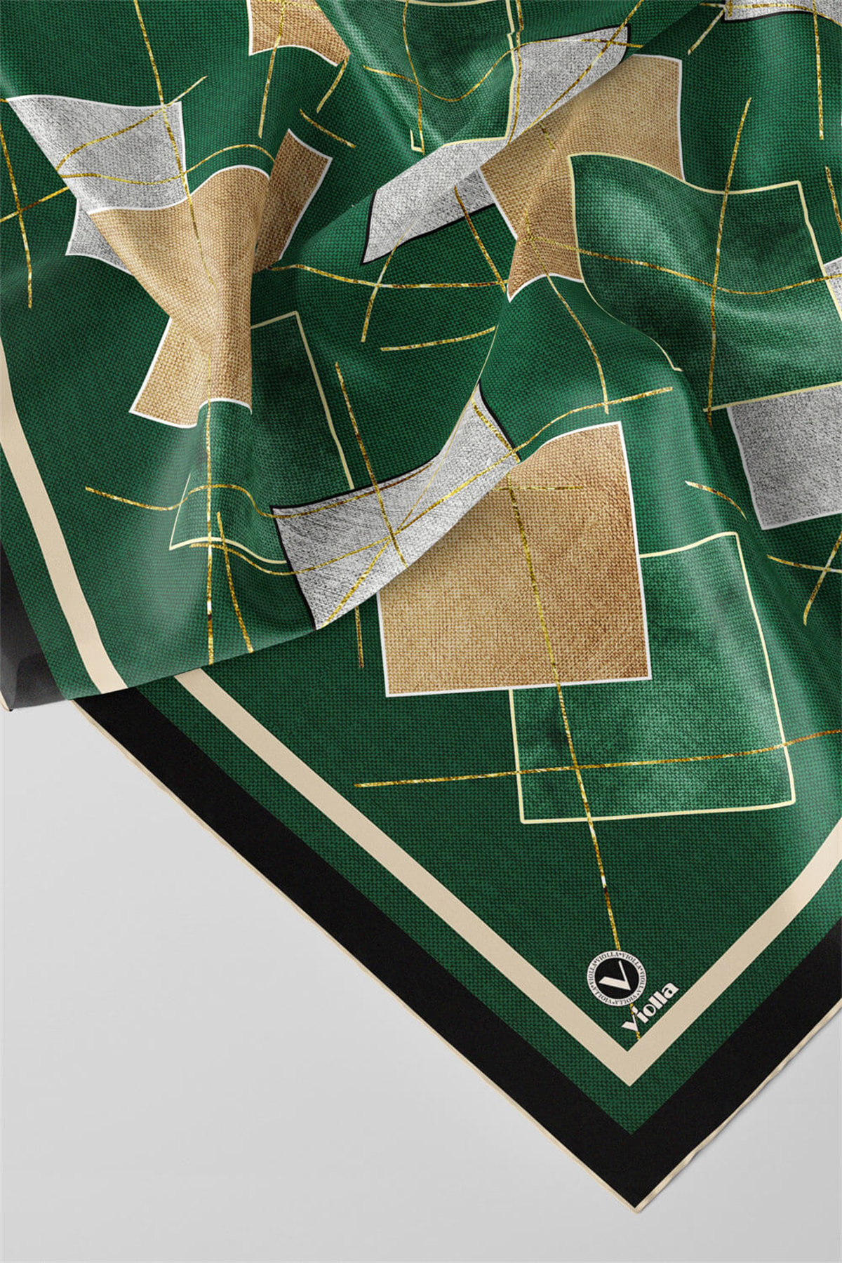 Twill Geometrik Desenli Petrol Yeşili Renkli 90x90 Eşarp (İpek İçermez) Kenar Dikiş Şekli El Dikişli