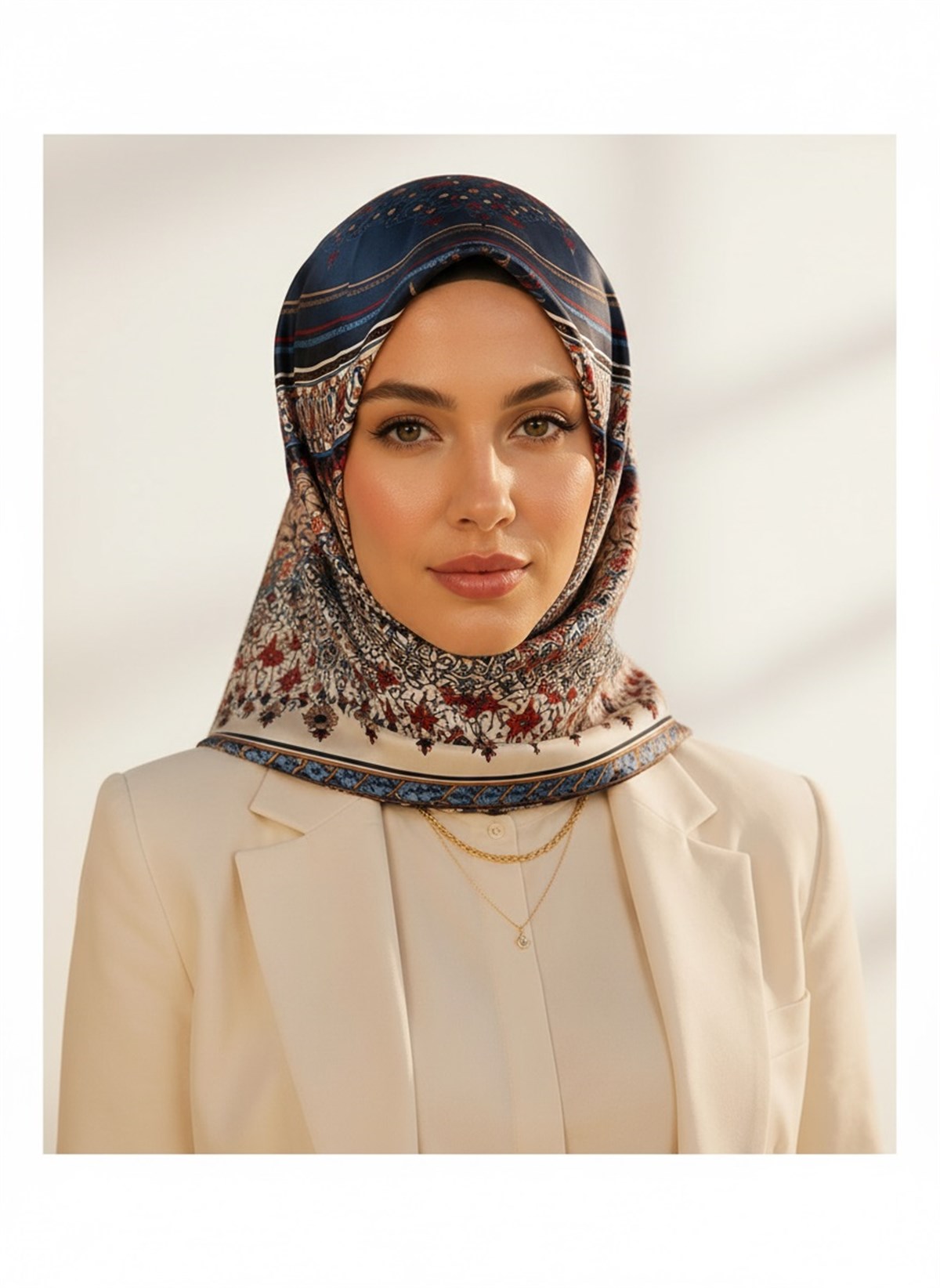 %100 Twill İpek Şal Desenli Lacivert Renkli 90x90 Eşarp Dikim Şekli : El Dikişi