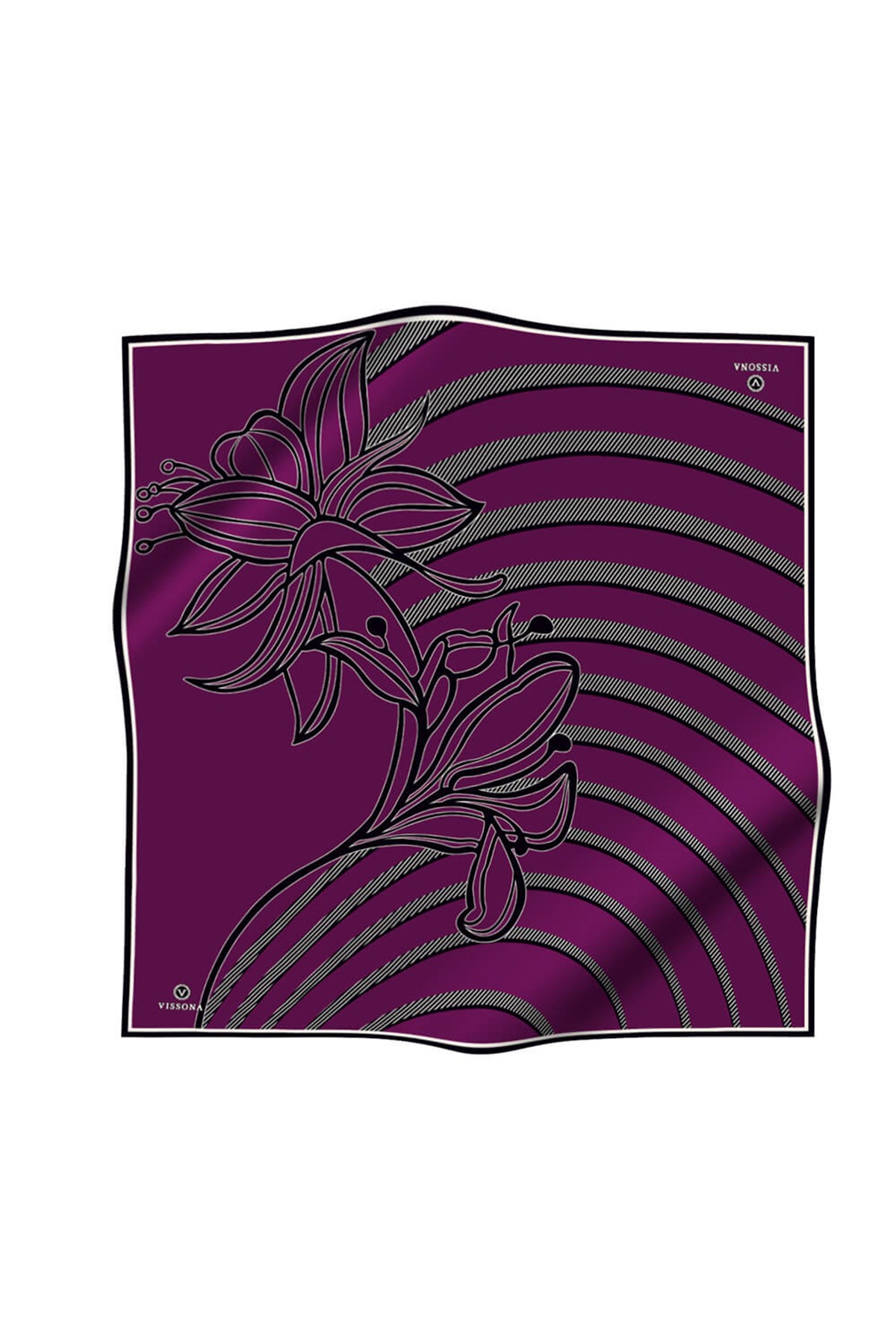 %100 Twill İpek Çizgili Çiçek Desenli Mürdüm - Siyah Renkli 90x90 Eşarp Dikim Şekli : El Dikişi