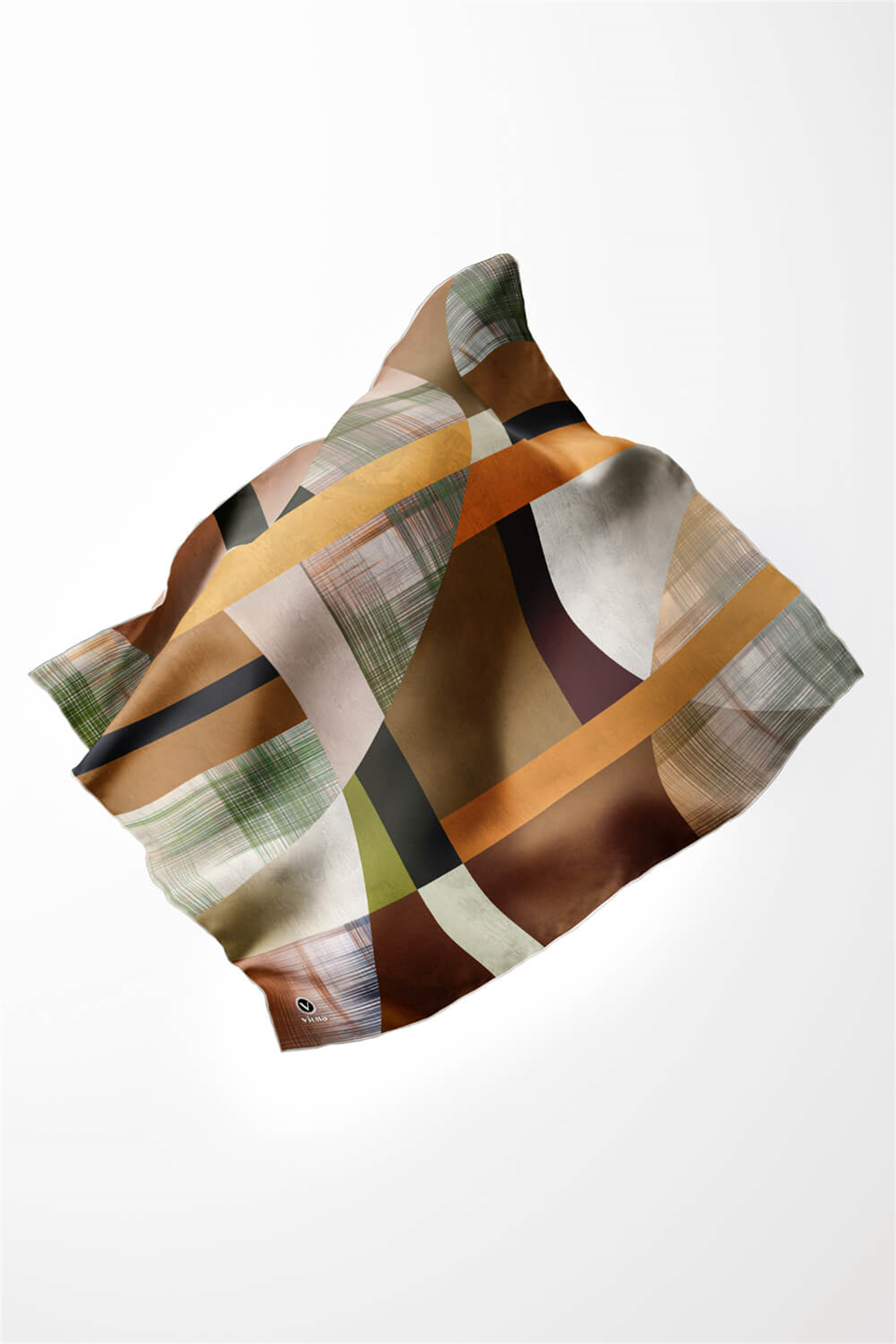 Twill Geometrik Desenli Vizon Renkli 90x90 Eşarp (İpek İçermez) Kenar Dikiş Şekli El Dikişli