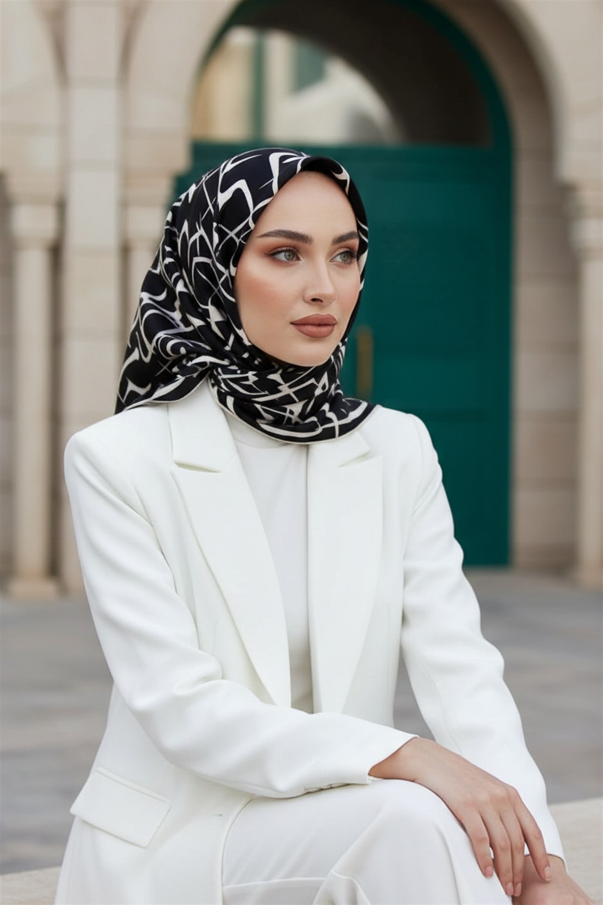 % 57 İPEK % 43 VİSKON Twill İpek Soyut Geometrik Desenli Siyah - Krem Renkli 90x90 Eşarp Dikim Şekli : El Dikişi