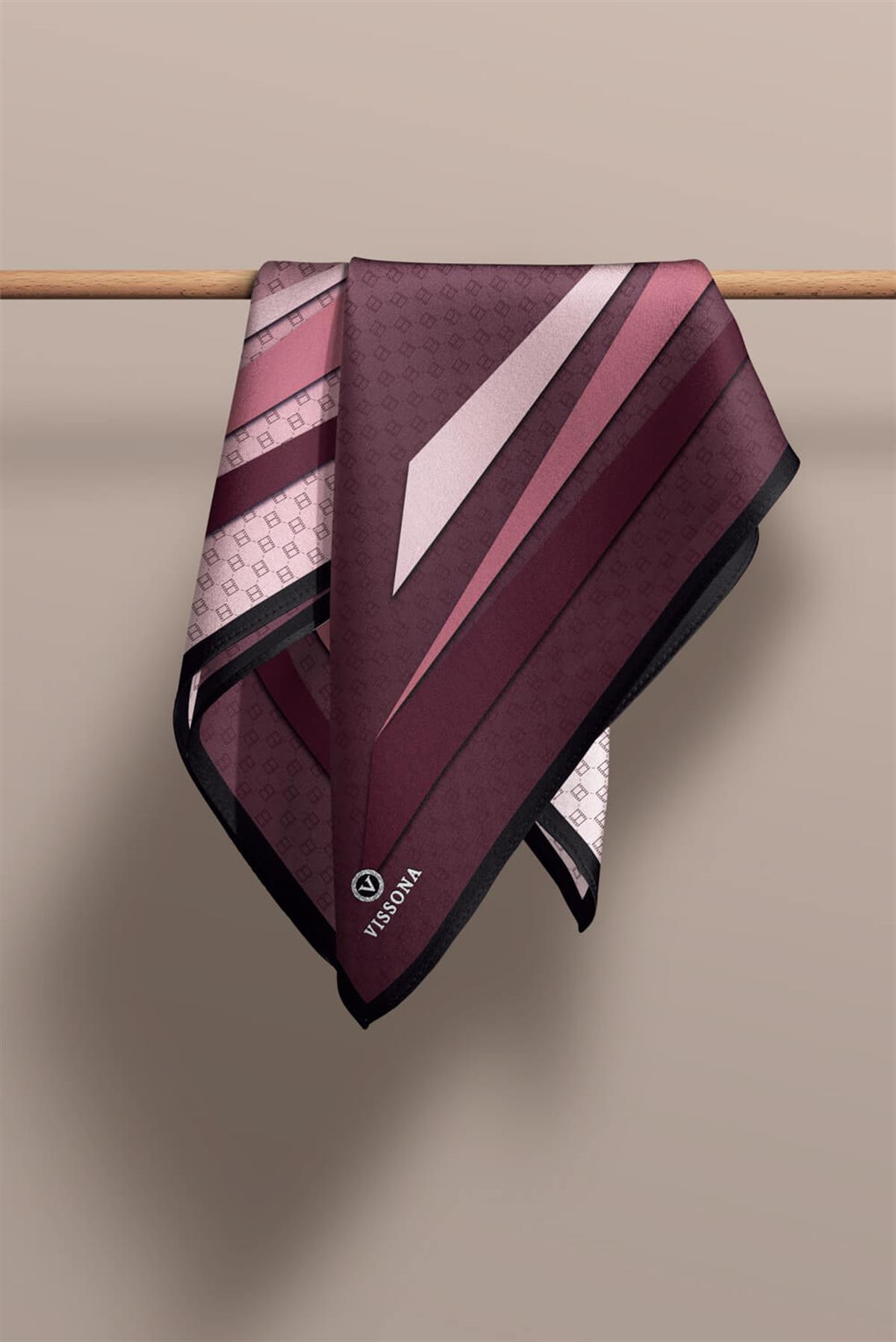 %100 Twill İpek Degrade Desenli Şarabi - Gül Kurusu Renkli 90x90 Eşarp Dikim Şekli : El Dikişi