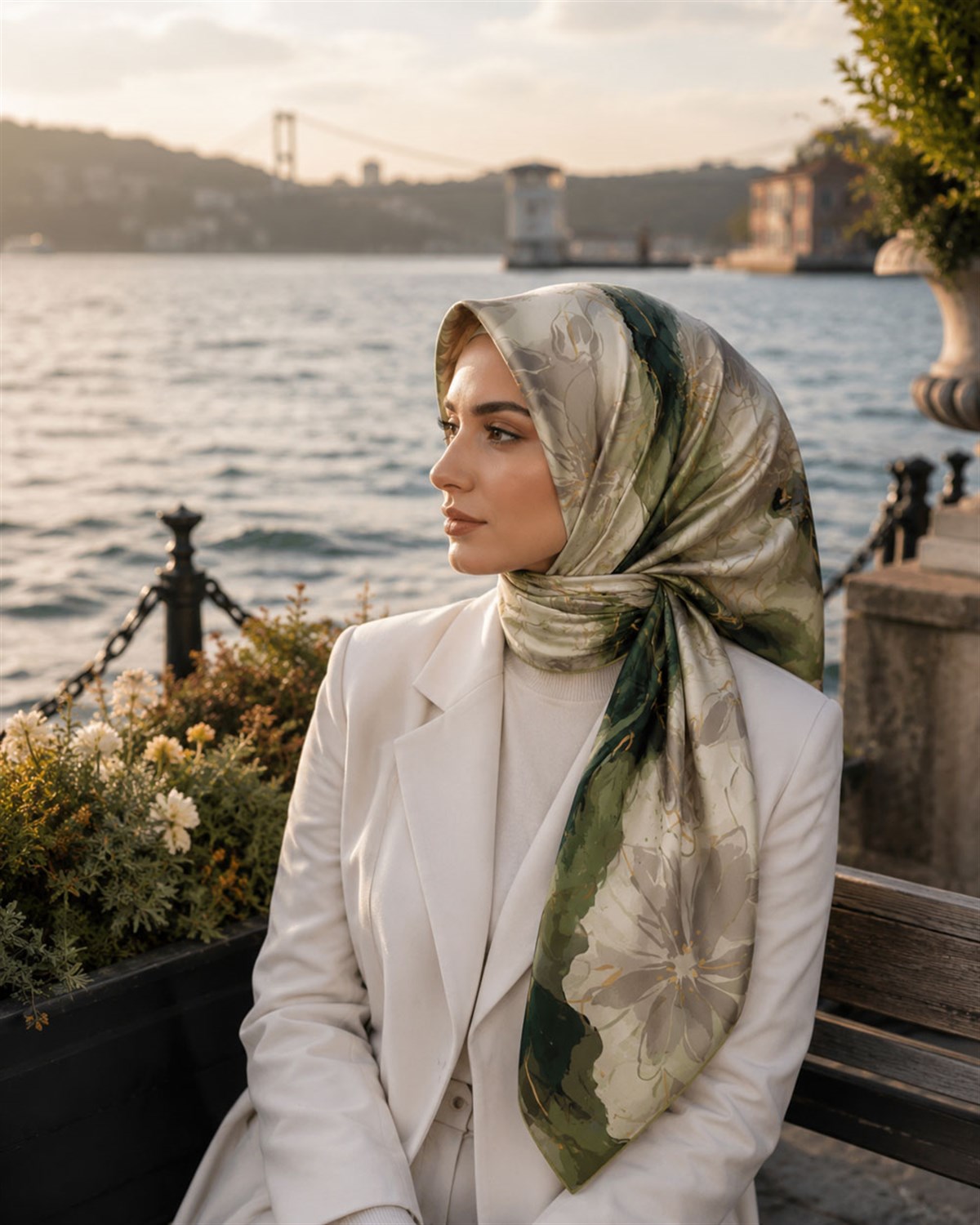 %100 Twill İpek Çiçekli Sulu Boya Dalga Desenli Haki Yeşili - Zümrüt Yeşili  Renkli 90x90 Eşarp Dikim Şekli : El Dikişi