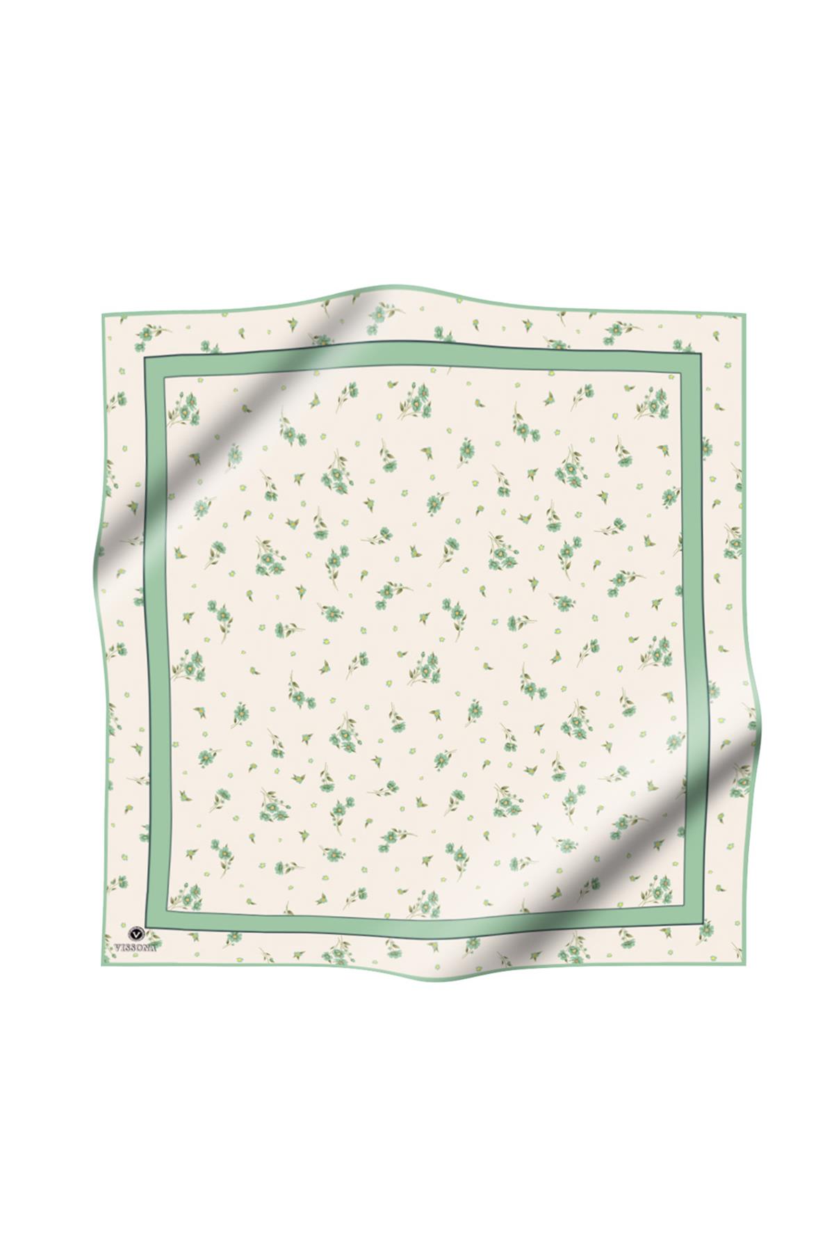 100% Twill İpek Bordürlü Çıtır Çiçek Desenli Benetton Yeşili Renkli 90x90 Dikim Şekli : El Dikişi Eşarp