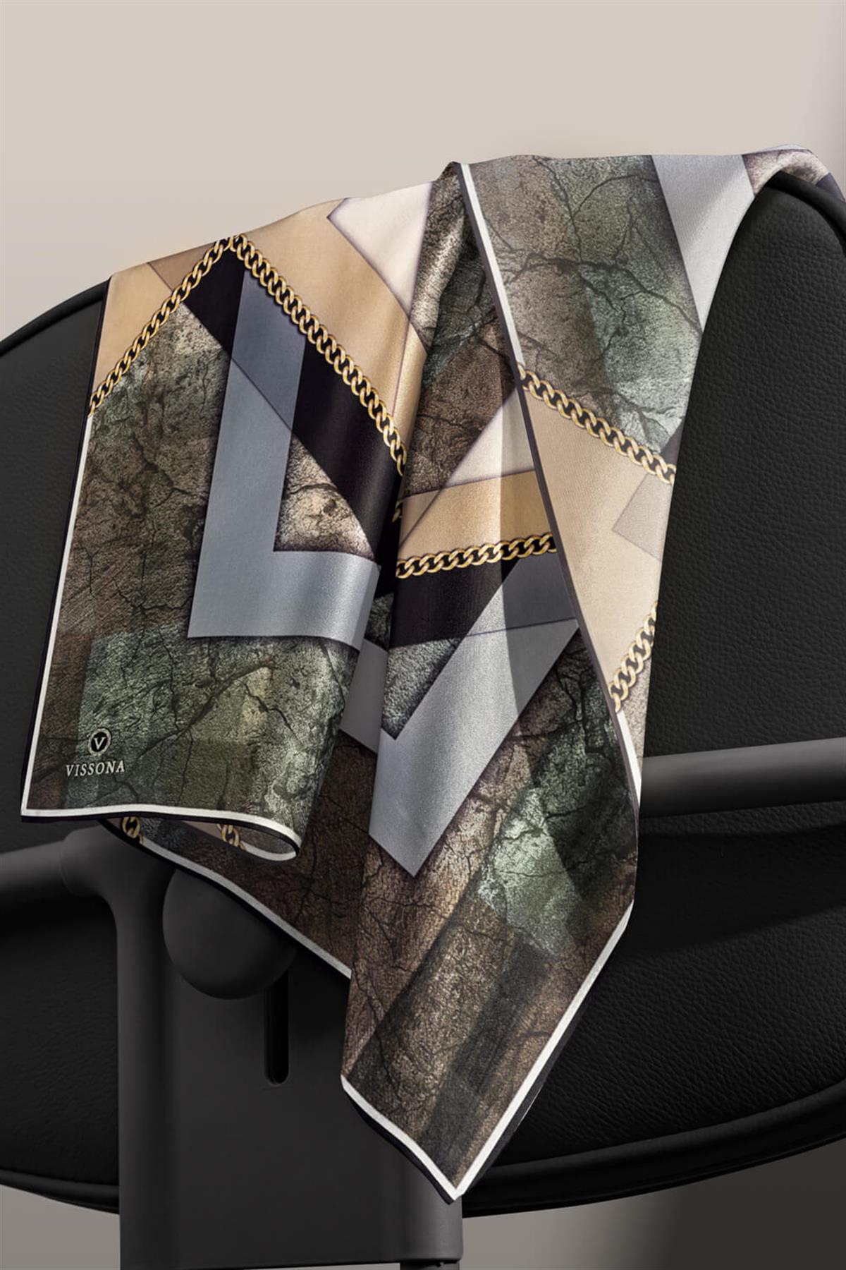 %100 Twill İpek Taş Efekti Desenli Gri - Siyah Renkli 90x90 Eşarp Dikim Şekli : El Dikişi