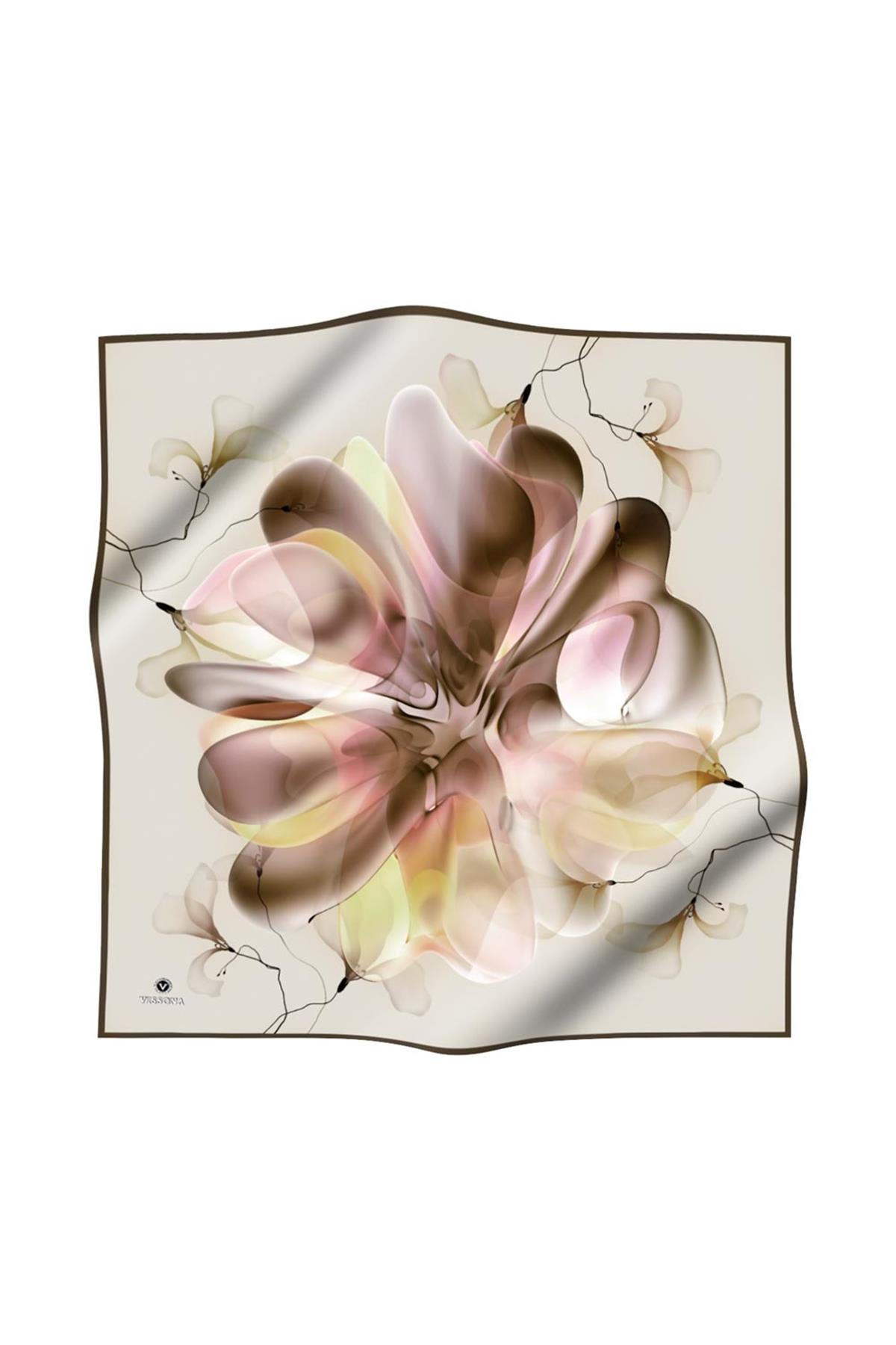 %100 Twill İpek Büyük Çiçek Desenli Kahverengi - Krem Renkli 90x90 Eşarp Dikim Şekli : El Dikişi