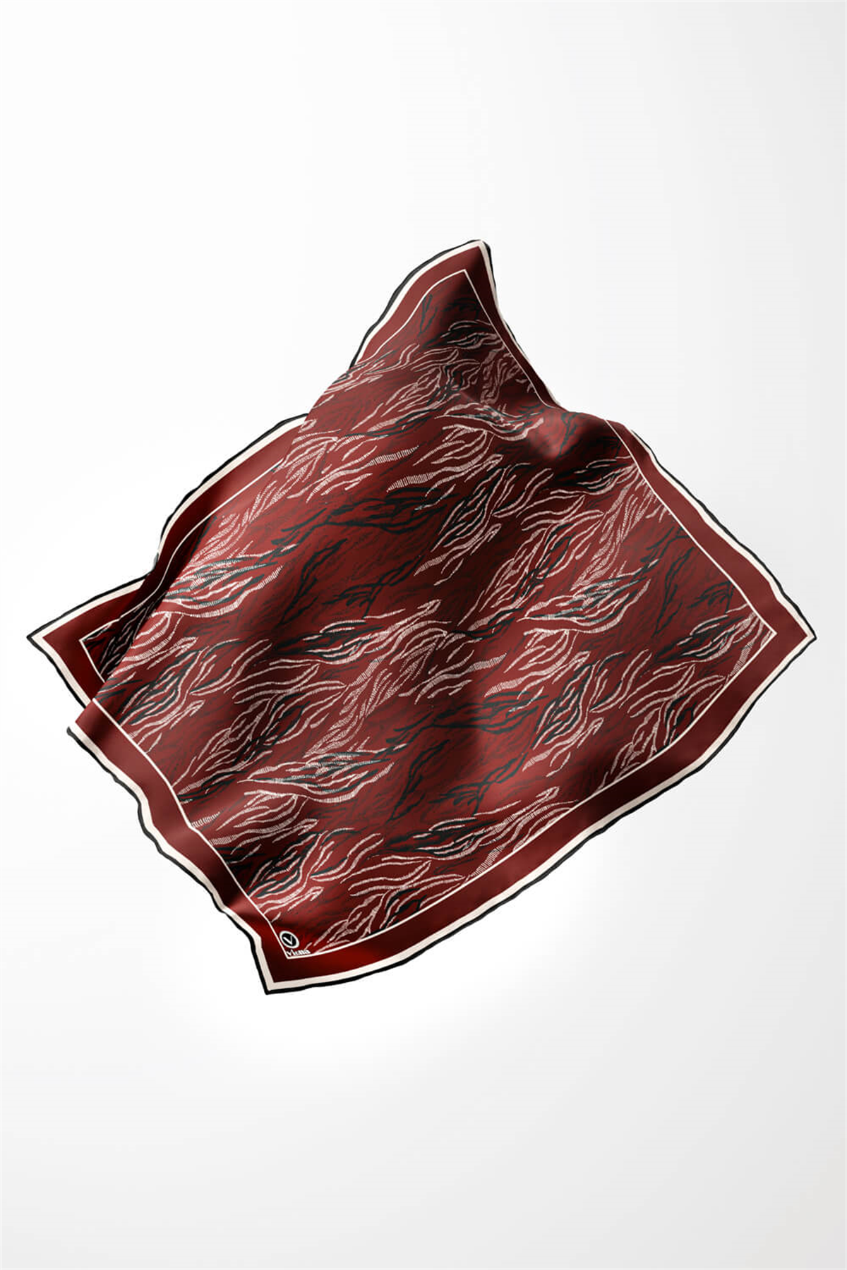 Twill Soyut Çizgi Desenli Bordo Renkli 90x90 Eşarp (İpek İçermez) Kenar Dikiş Şekli El Dikişli