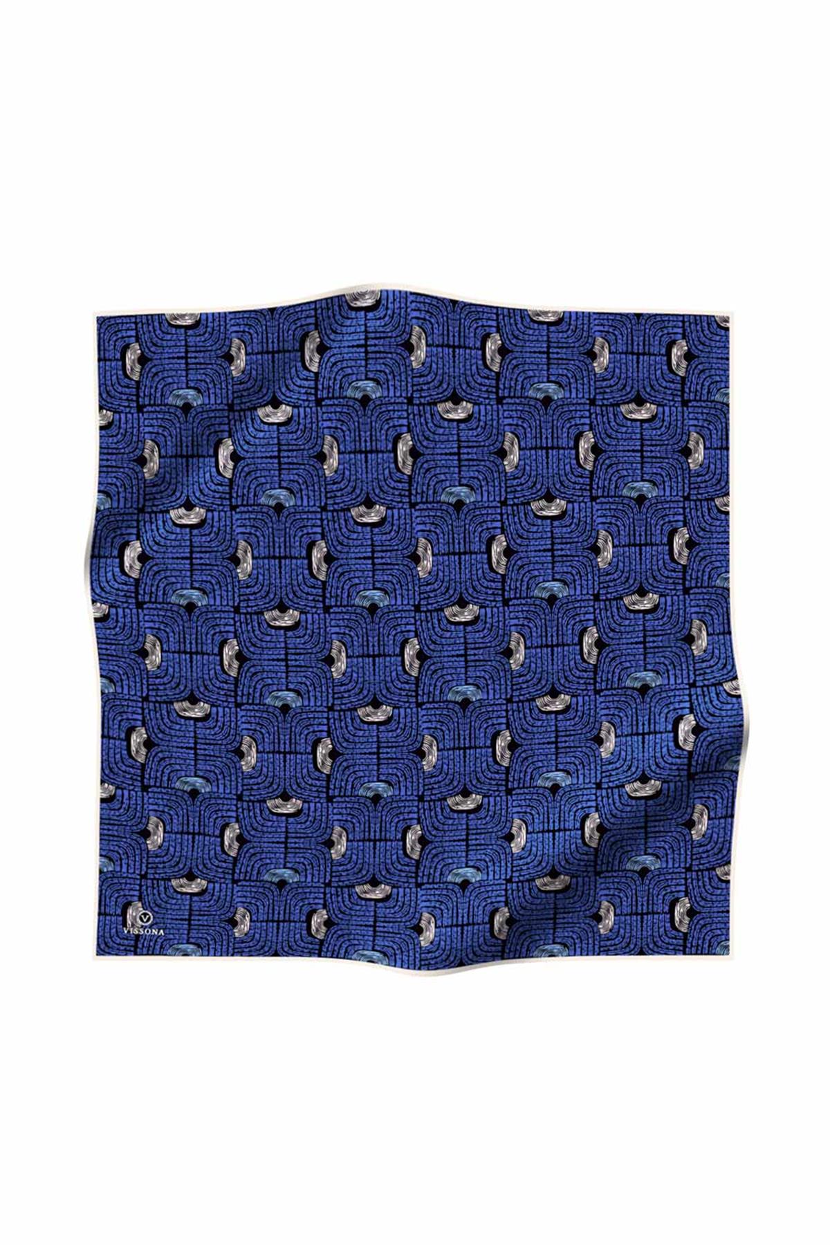 %100 Twill İpek Geometrik Desenli Saks - Siyah Renkli 90x90 Eşarp Dikim Şekli : El Dikişi