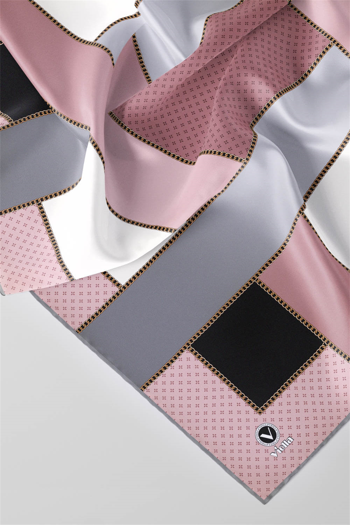 Twill Geometrik Desenli Bakır - Bej Renkli 90x90 Eşarp (İpek İçermez) Kenar Dikiş Şekli El Dikişli