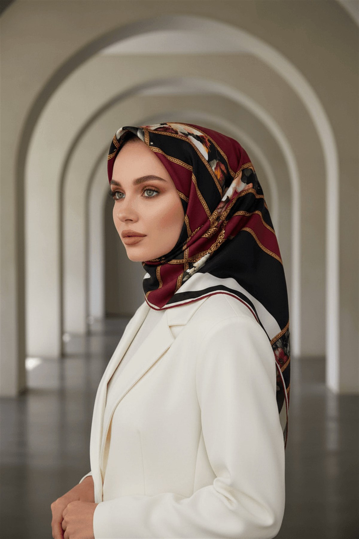 % 57 İPEK % 43 VİSKON Twill İpek Şeritleri Kemerli Ve Çiçek Desenli Bordo - Siyah Renkli 90x90 Eşarp Dikim Şekli : El Dikişi
