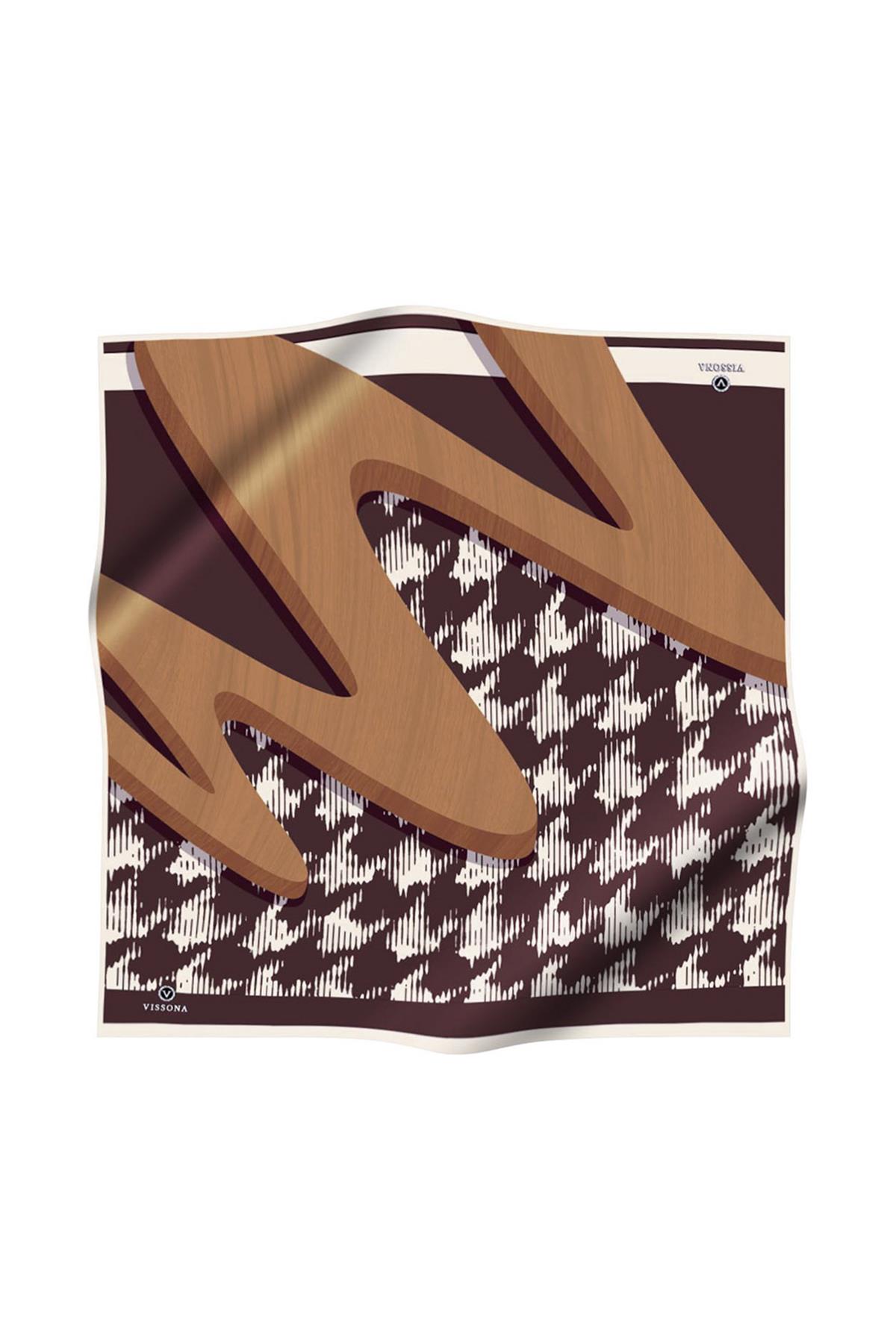 %100 Twill İpek Kazayağı Desenli Kahverengi - Bakır Renkli 90x90 Eşarp Kenar Dikiş Şekli El Dikişli