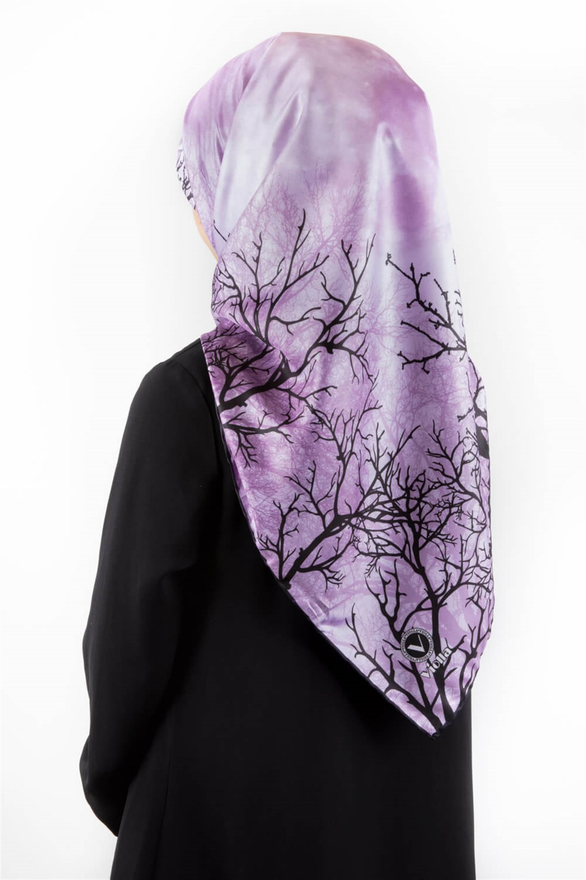 Twill Dolunay ve Ağaç Desenli Lila Renkli 90x90 Eşarp (İpek İçermez) Kenar Dikiş Şekli El Dikişli
