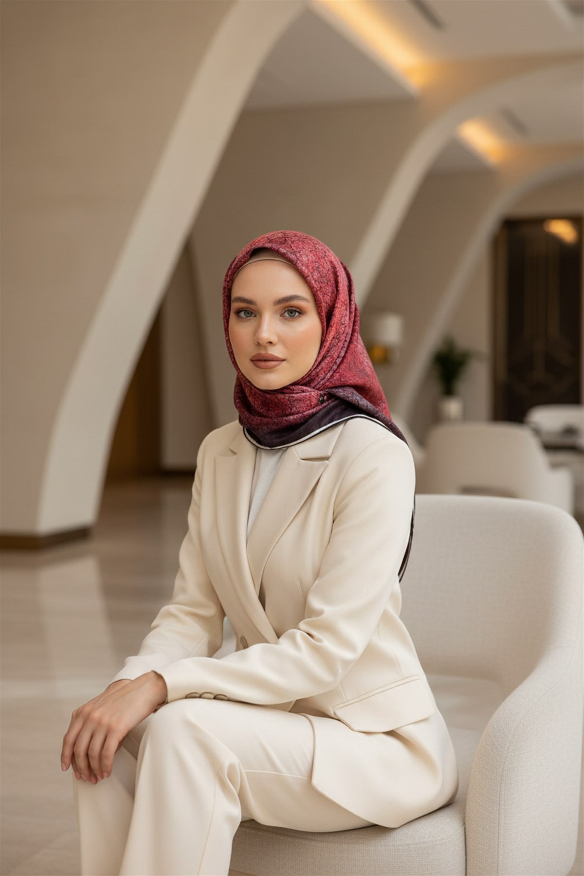 % 57 İPEK % 43 VİSKON Twill İpek Bulut  Desenli Bordo Renkli 90x90 Eşarp Dikim Şekli : El Dikişi