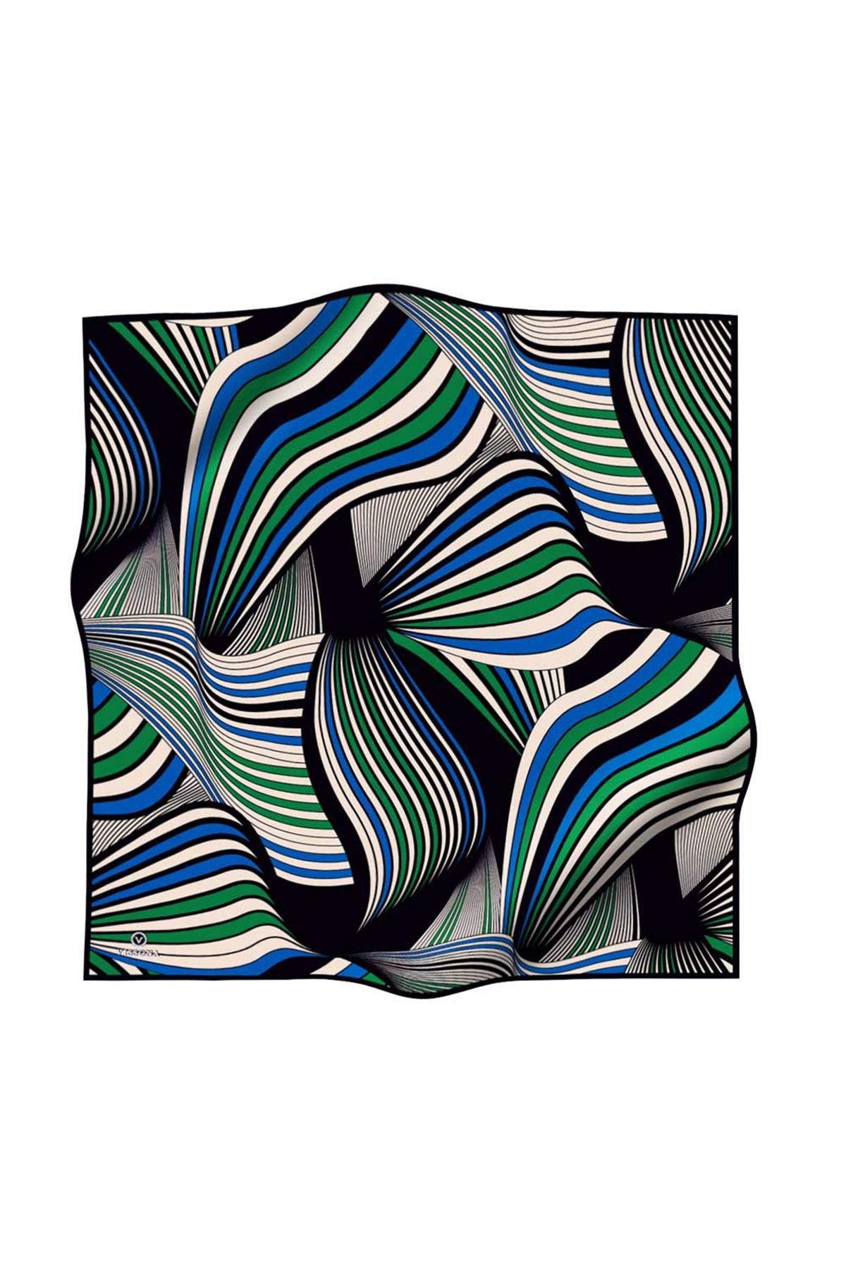 %100 Twill İpek Okyanus Dalgası Desenli Saks - Zümrüt Yeşili Renkli 90x90 Eşarp Kenar Dikiş Şekli El Dikişli