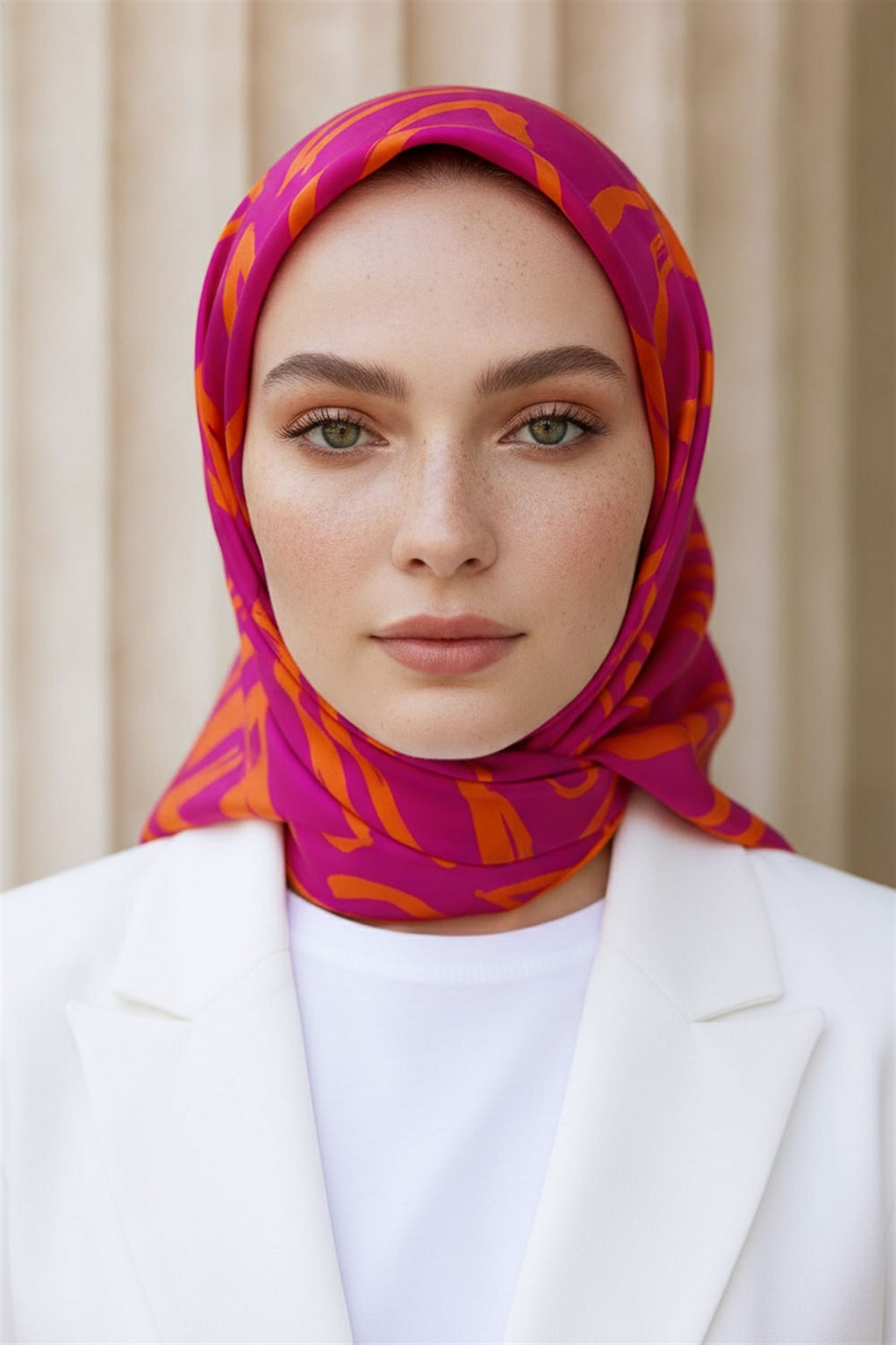 % 57 İPEK % 43 VİSKON Twill İpek Büyük Çiçek Desenli Fuşya - Turuncu Renkli 90x90 Eşarp Dikim Şekli : El Dikişi