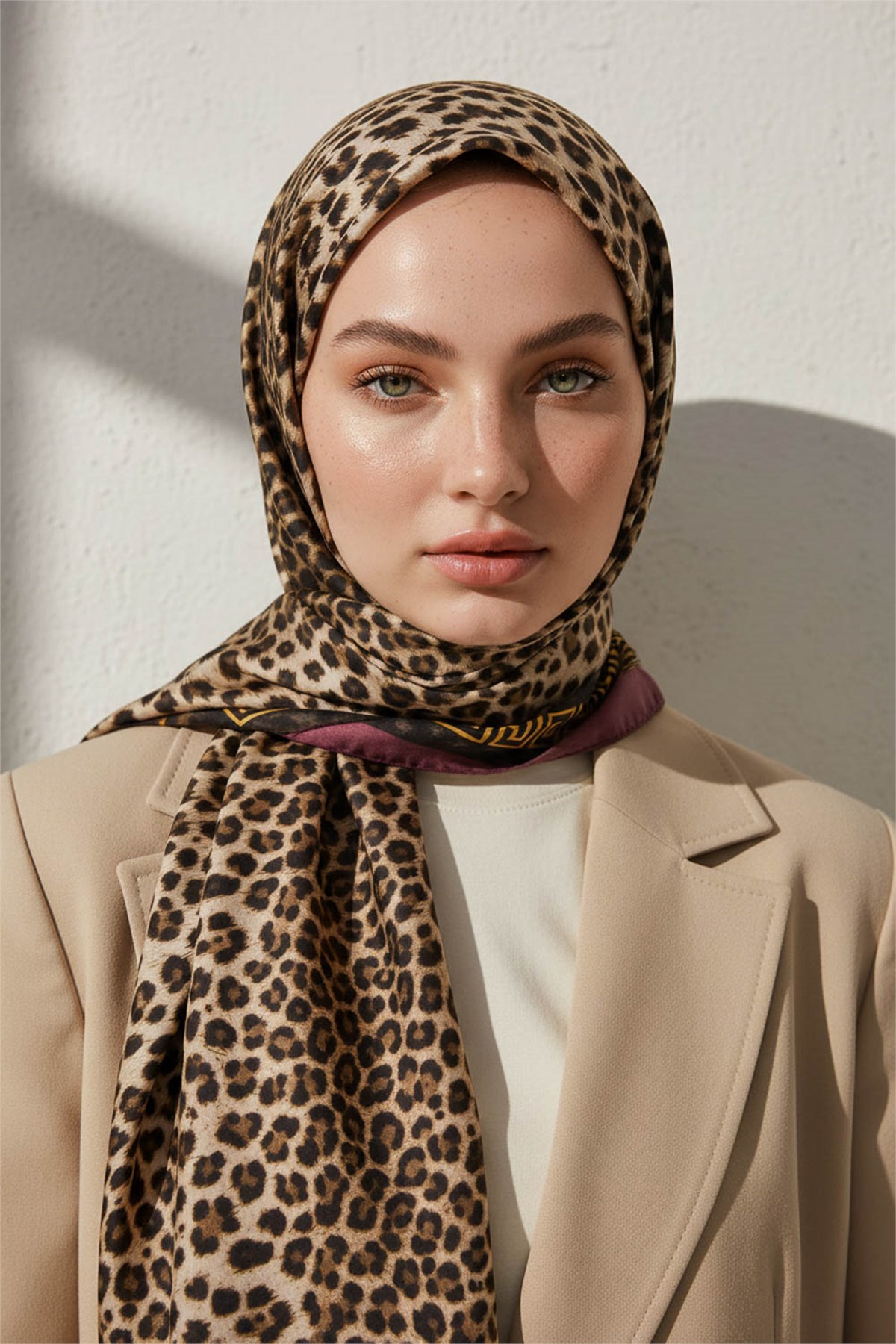 KREP BAROK BARDÜRLÜ LEOPAR DESENLİ BEJ - GÜL KURUSU RENKLİ 75X195 KIRIŞMAZ ŞAL