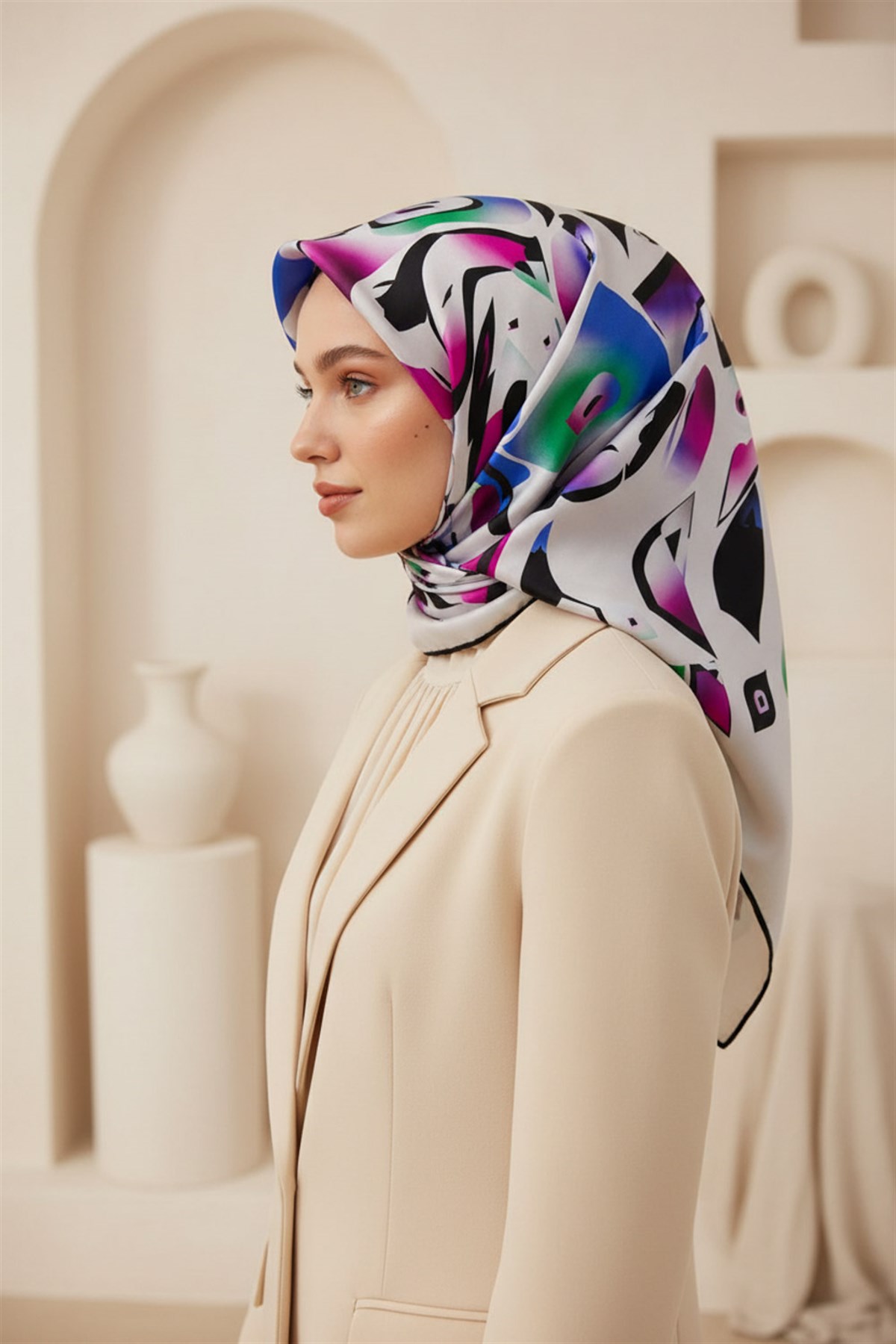 %100 Twill İpek Geometrik Desenli Fuşya - Saks Renkli 90x90 Eşarp Dikim Şekli : El Dikişi