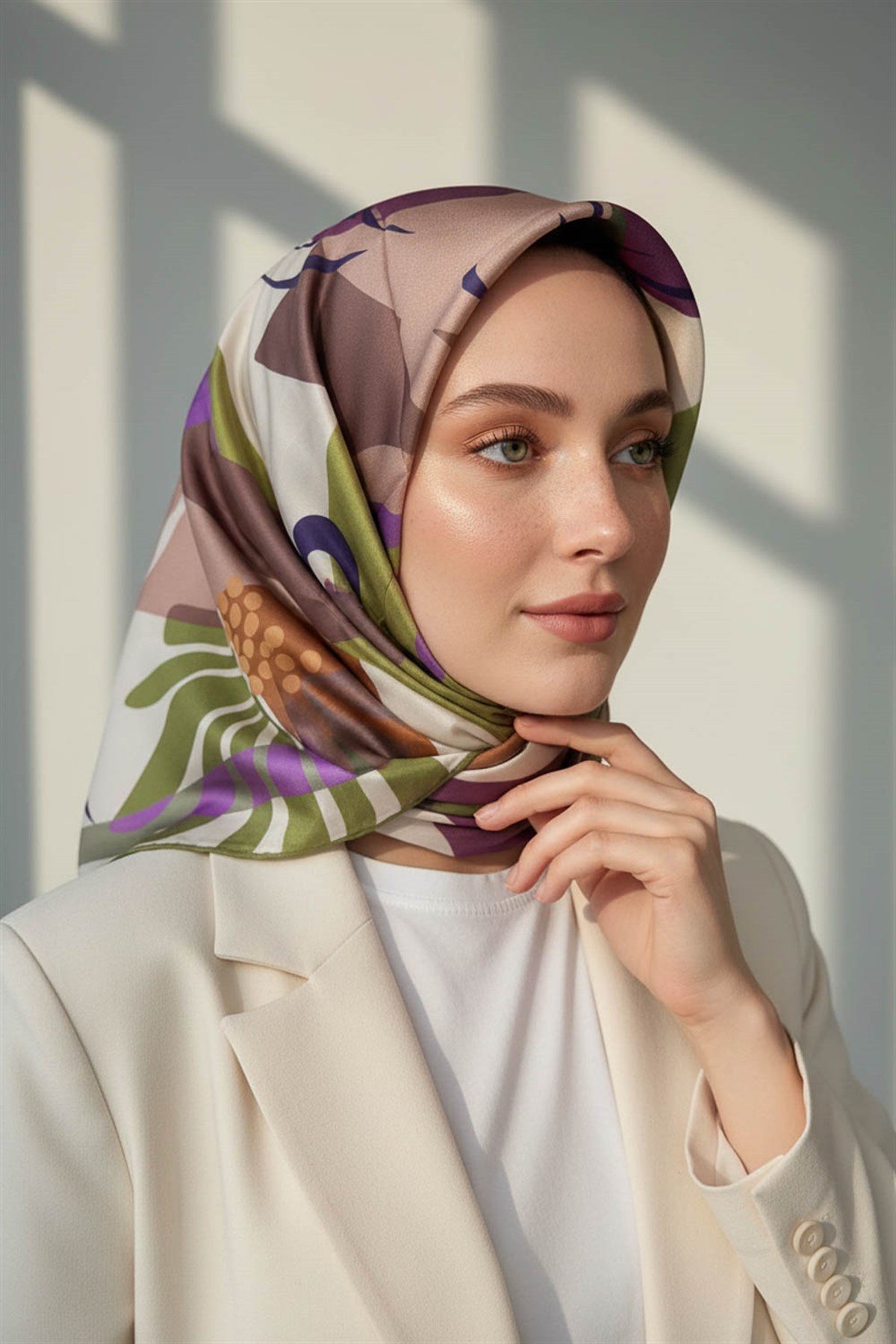 %100 Twill İpek Çiçek Desenli Haki - Mürdüm Renkli 90x90 Eşarp Dikim Şekli : El Dikişi