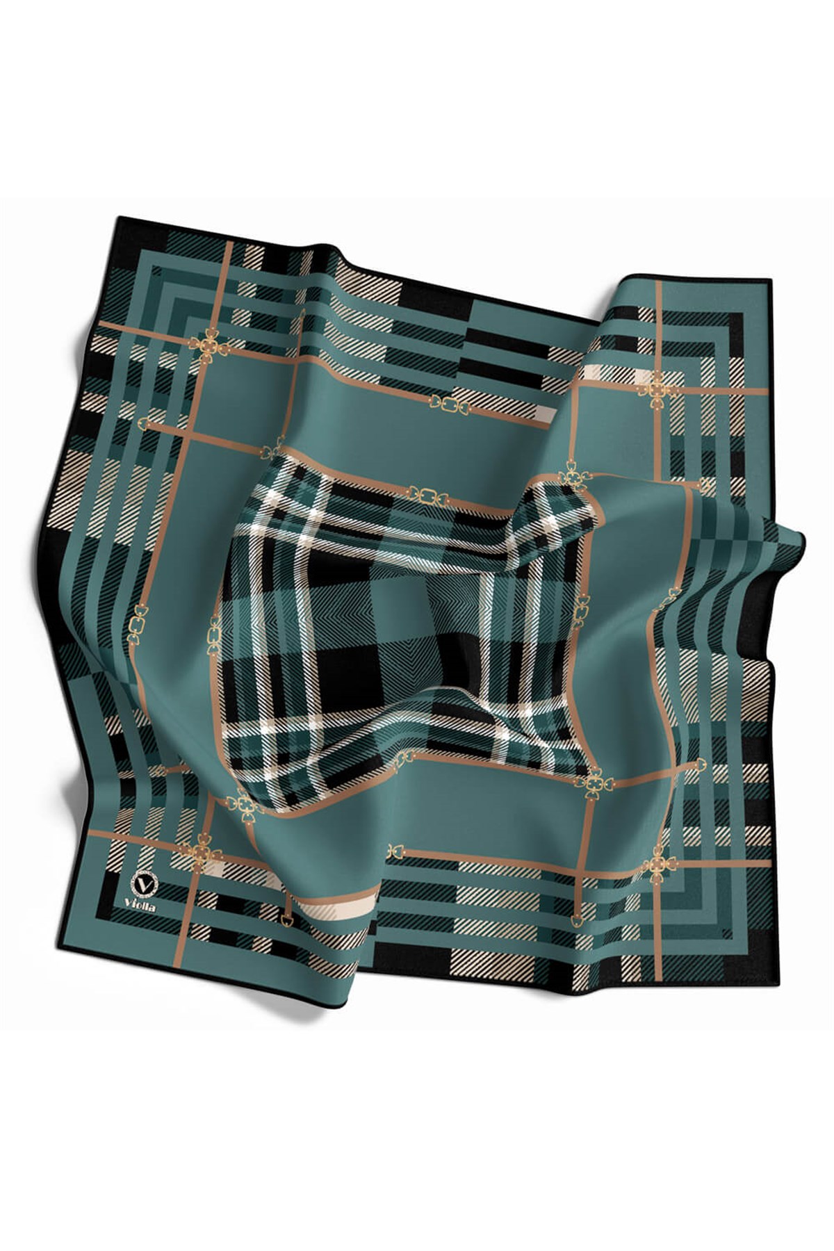 Twill Kemerli ve Ekose Desenli Petrol Mavisi Renkli 90x90 Eşarp (İpek İçermez)Kenar Dikiş Şekli El Dikişli