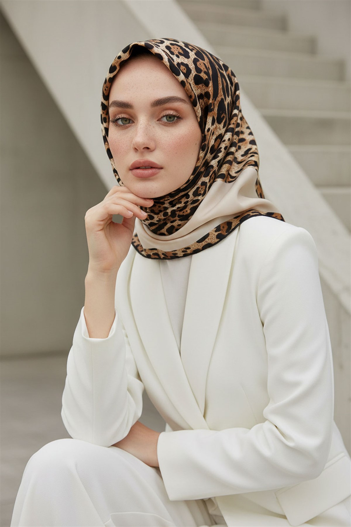 %100 Twill İpek Leopar Desenli Krem Renkli 90x90 Eşarp Dikim Şekli : El Dikişi