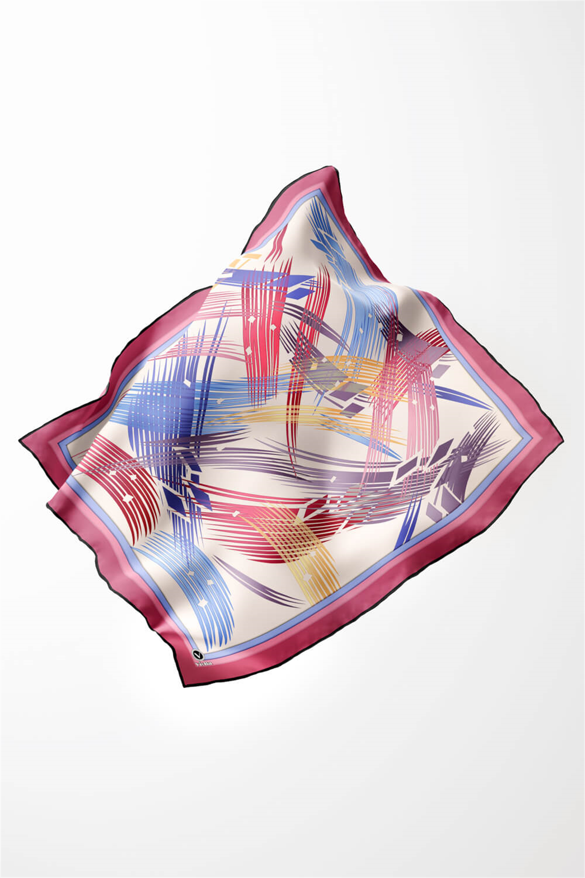 Twill Geometrik Desenli Pembe Renkli 90x90 Eşarp (İpek İçermez) Kenar Dikiş Şekli El Dikişli