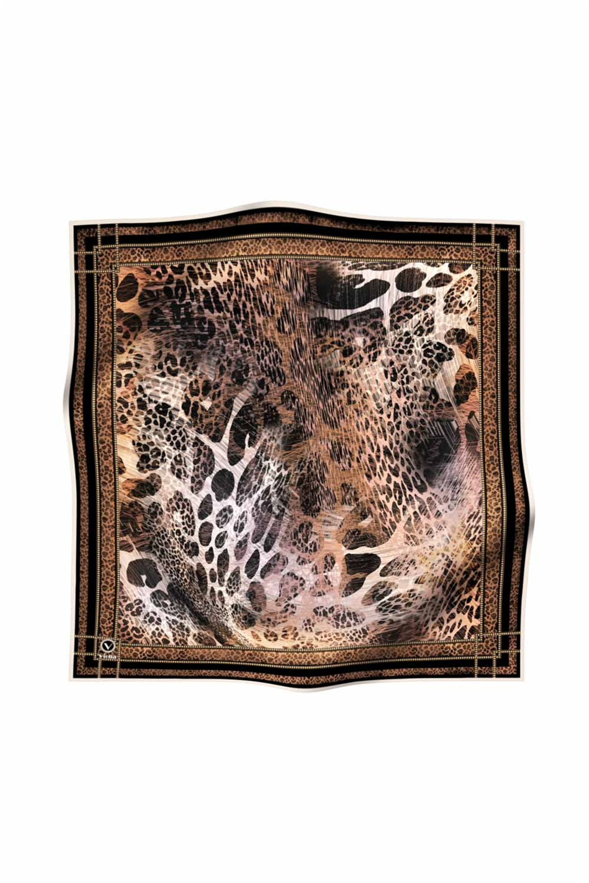 Twill Leopar Desenli Siyah Renkli 90x90 Eşarp (İpek İçermez) Kenar Dikiş Şekli El Dikişli