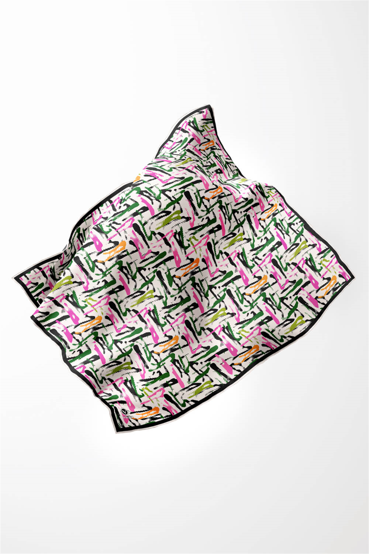 Twill Geometrik Desenli Pembe - Zümrüt Yeşili Renkli 90x90 Eşarp (İpek İçermez) Dikim Şekli : El Dikişi