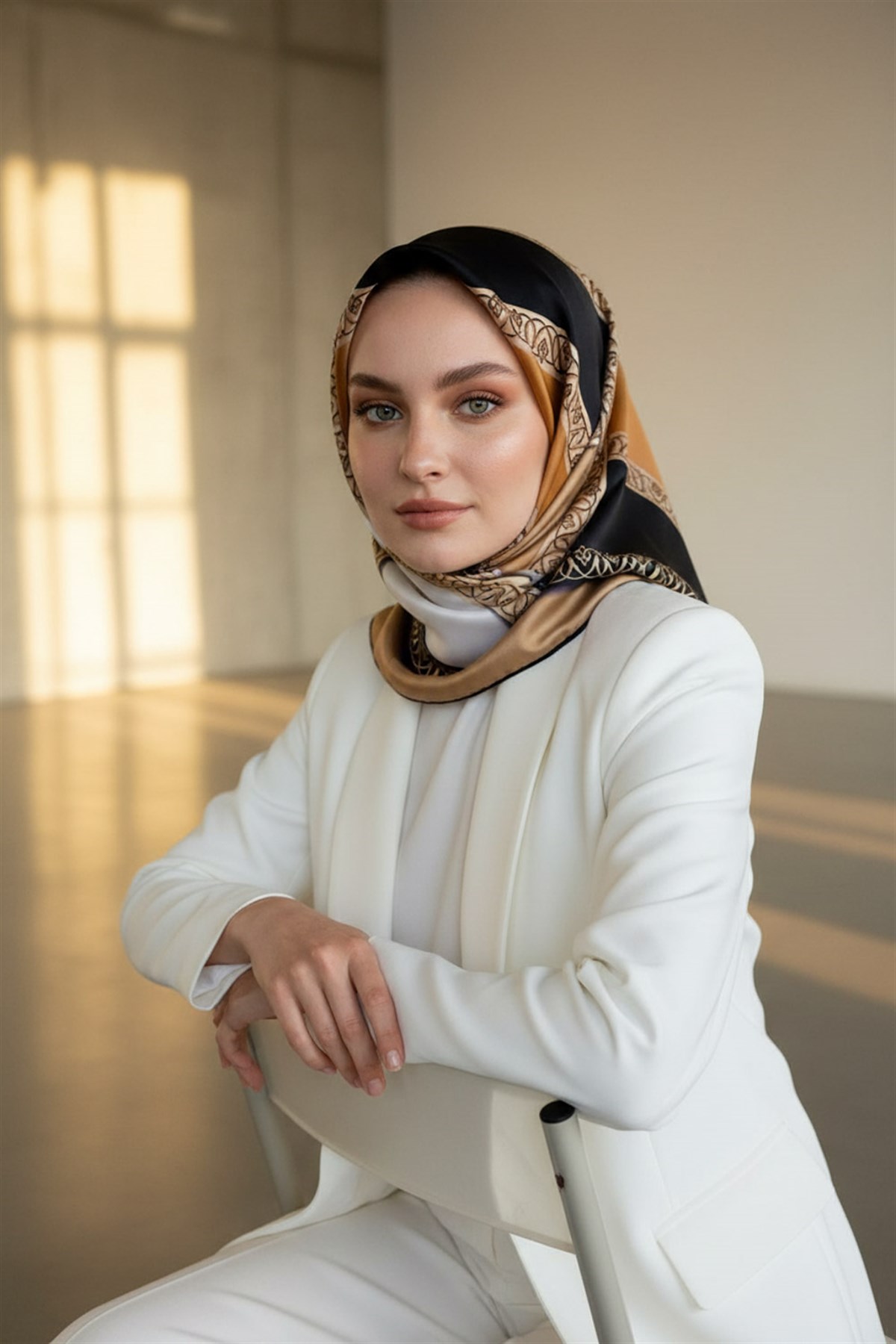 %100 Twill İpek Geometrik Desenli Gold - Siyah Renkli 90x90 Eşarp Dikim Şekli : El Dikişi