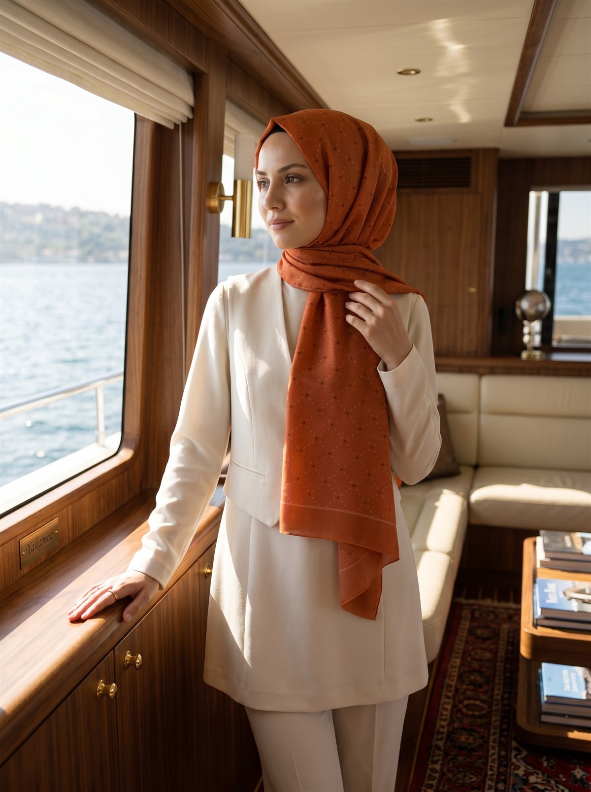 %100 Saf İpek Şal İnce Saten Vual Dokuma Geometrik Desenli Taba - Siyah Renkli 90x210 Şal