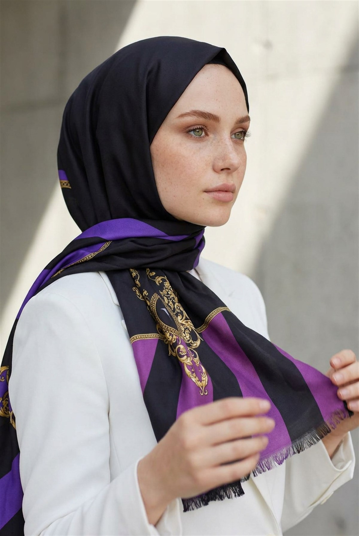 %100 Saf İpek Şal İnce Saten Vual Dokuma Şeritli Ve Varak Desenli Mor - Lila Renkli 90x210 Şal