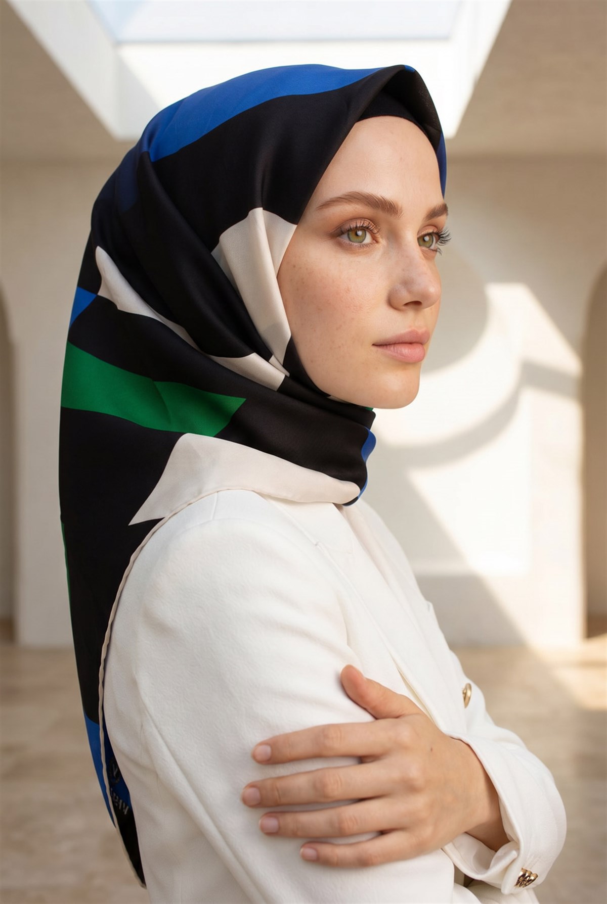 %100 Twill İpek Geometrik Desenli Zümrüt Yeşili - Saks Renkli 90x90 Eşarp Dikim Şekli : El Dikişi