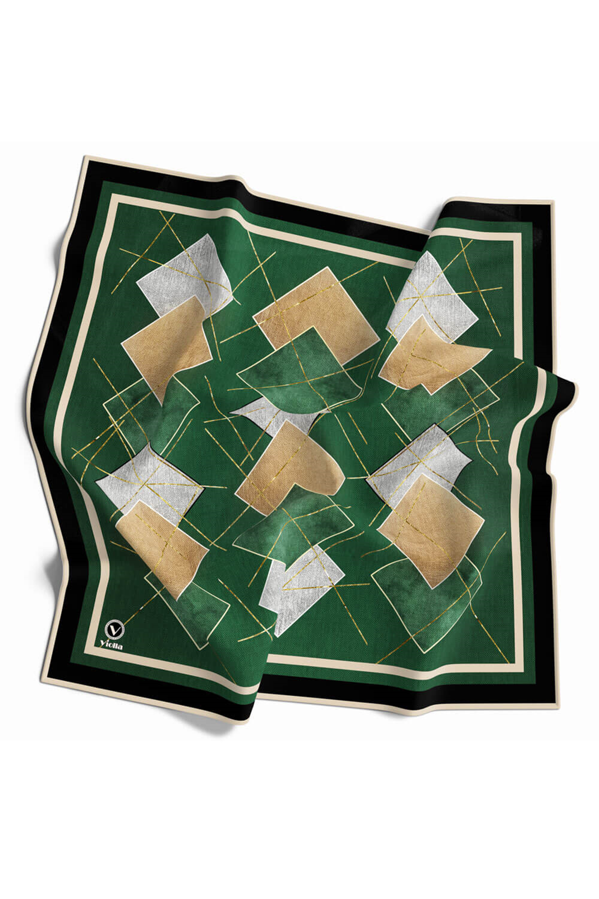 Twill Geometrik Desenli Petrol Yeşili Renkli 90x90 Eşarp (İpek İçermez) Kenar Dikiş Şekli El Dikişli