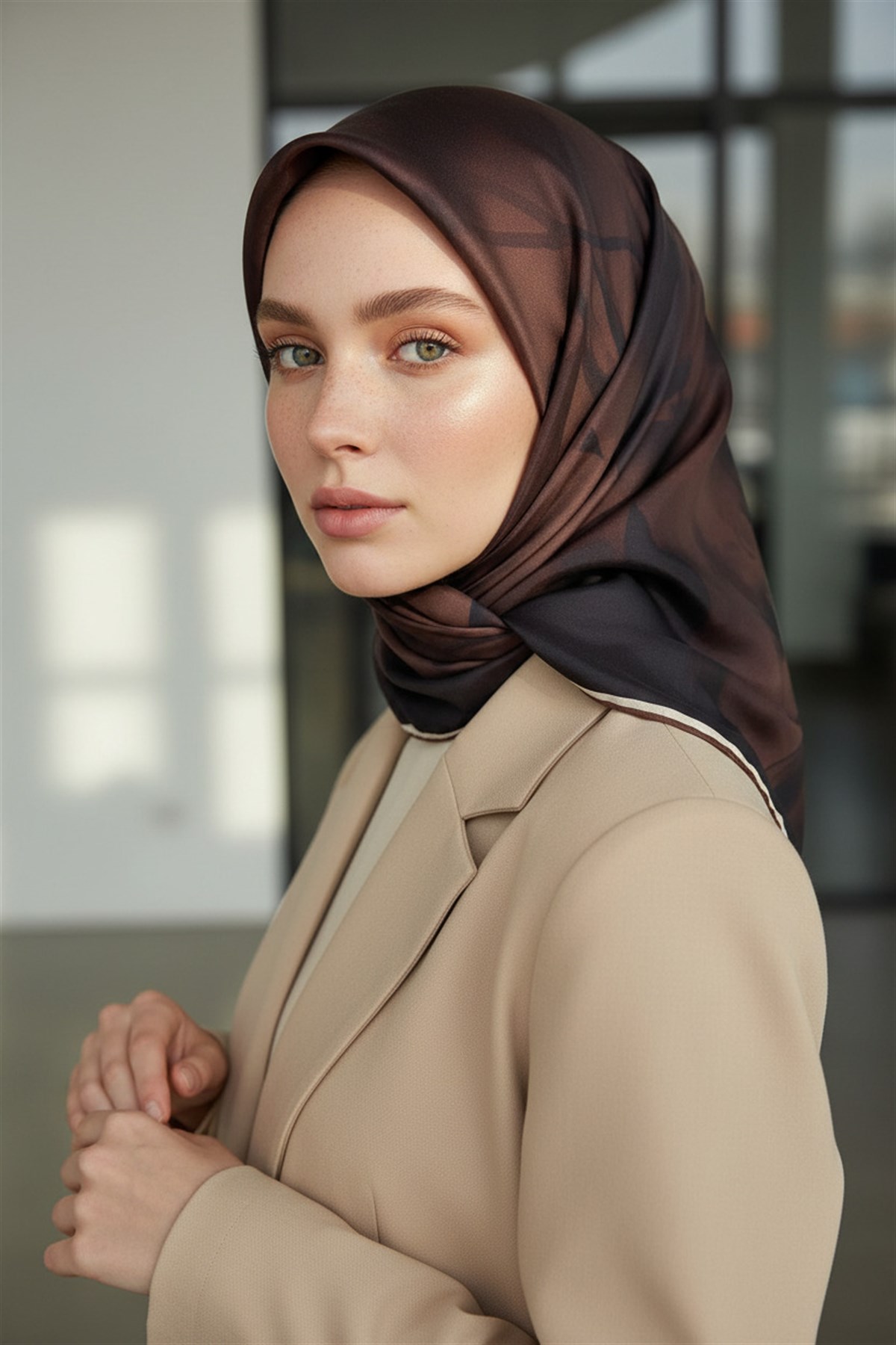 100% Twill İpek Çiçek Desenli Kahverengi Renkli 90x90 Dikim Şekli : El Dikişi Eşarp