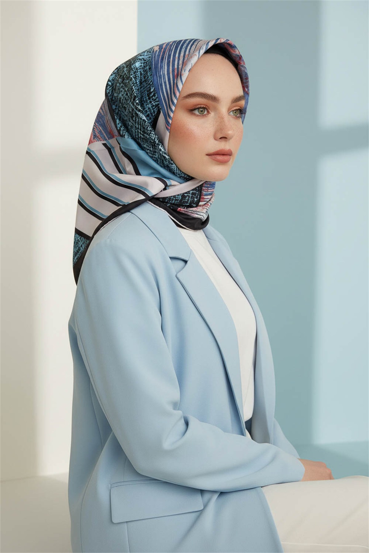 Twill Dalgalı Geometrik Desenli Petrol Mavisi Renkli 90x90 Eşarp (İpek İçermez) Kenar Dikiş Şekli El Dikişli