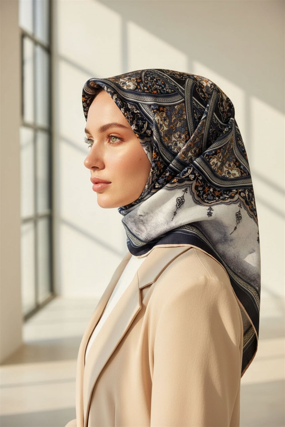 %100 Twill İpek Şal Desenli Gri - Lacivert Renkli 90x90 Eşarp Dikim Şekli : El Dikişi