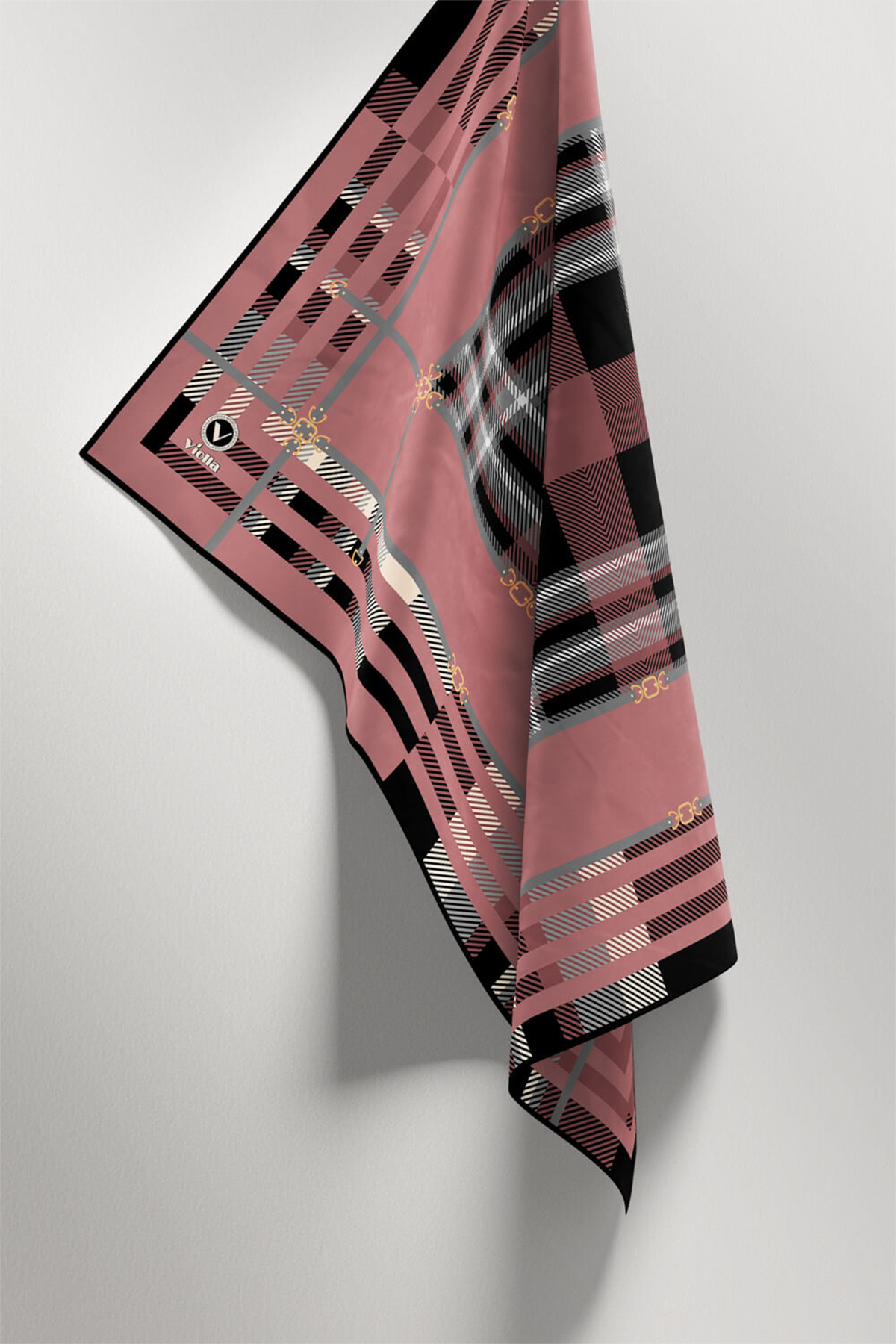 Twill Kemerli ve Ekose Desenli Pudra Renkli 90x90 Eşarp (İpek İçermez)Kenar Dikiş Şekli El Dikişli