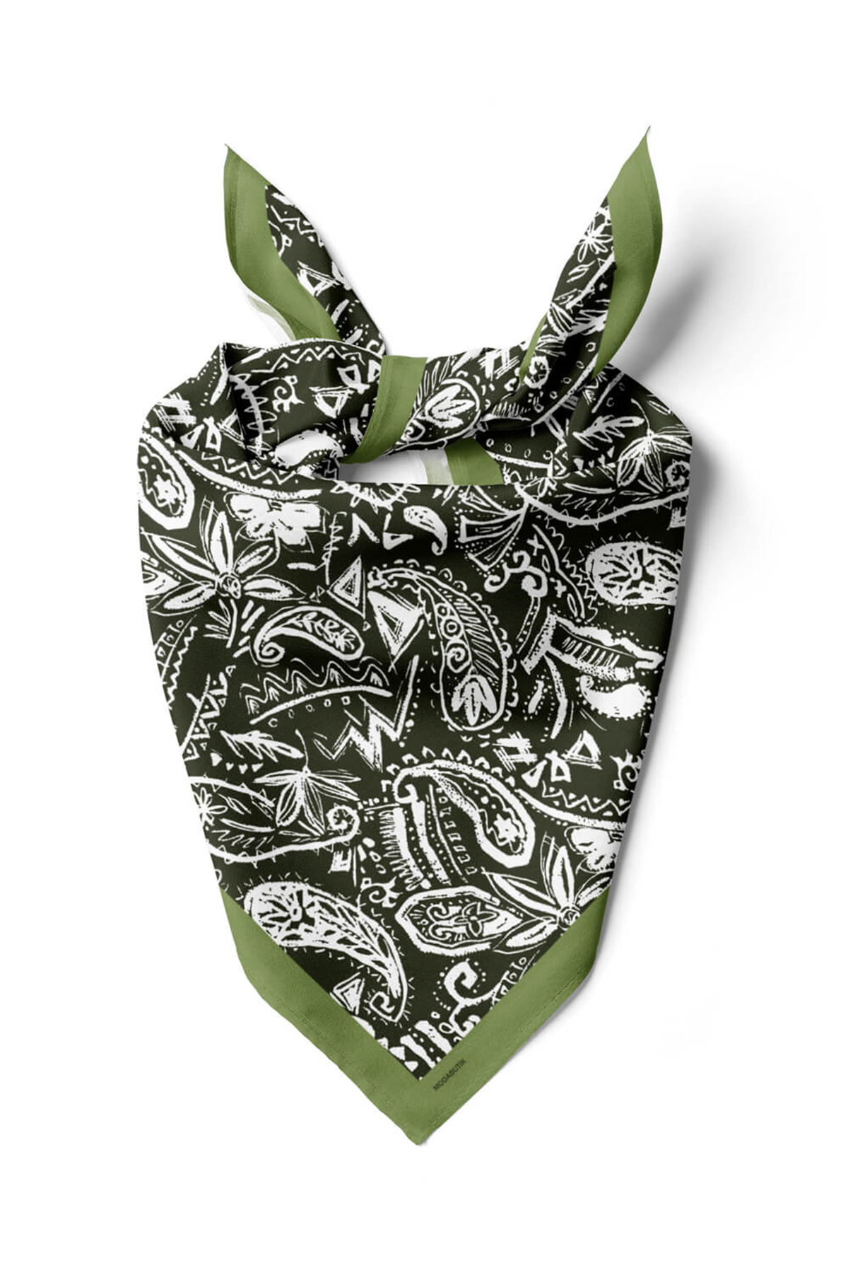 D65 Kadın Egzotik Desenli Bandana 50x50 Koyu Yeşil DG0363-22