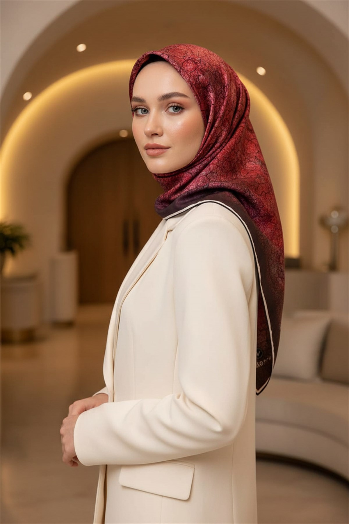 % 57 İPEK % 43 VİSKON Twill İpek Bulut  Desenli Bordo Renkli 90x90 Eşarp Dikim Şekli : El Dikişi