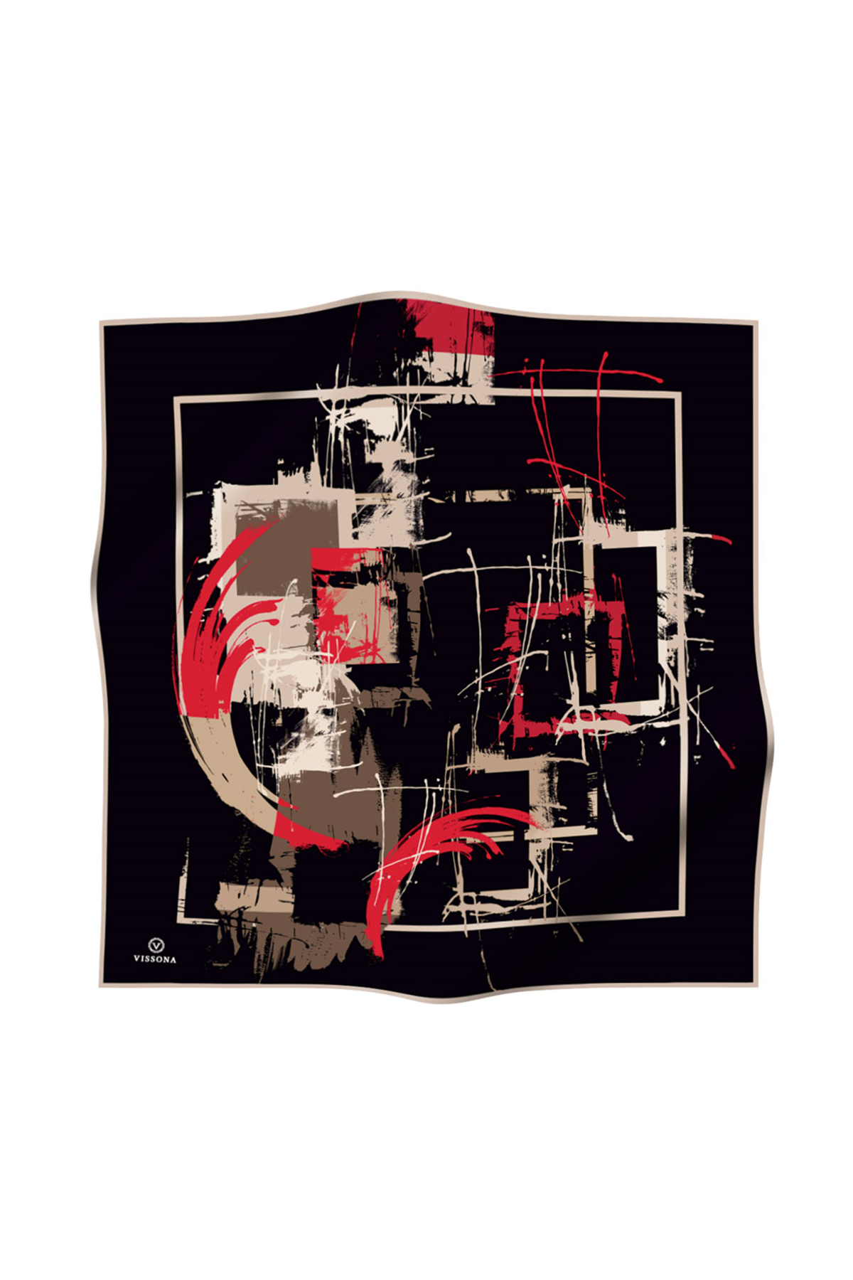 % 57 İPEK % 43 VİSKON Twill İpek Geometrik Desenli Siyah - Kırmızı Renkli 90x90 Eşarp Dikim Şekli : El Dikişi