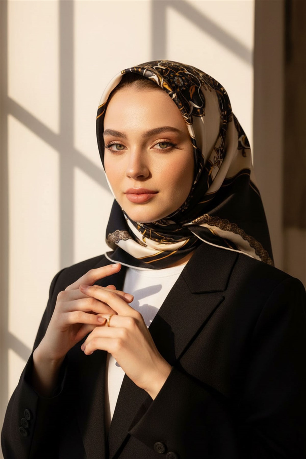 %100 Twill Barok Desenli Siyah - Krem Renkli 90x90 Eşarp Dikim Şekli: El Dikişi