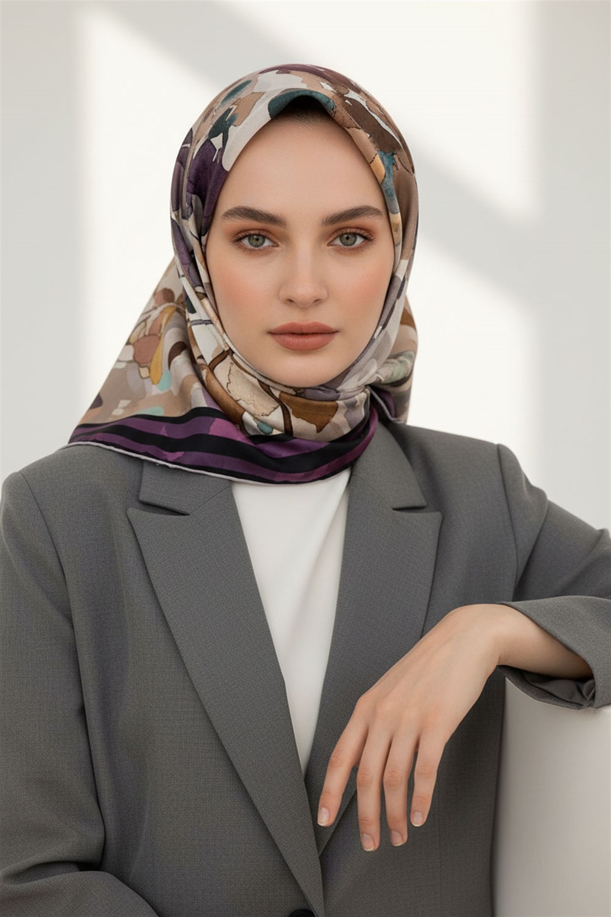 %100 Twill İpek Sulu Boyalı Çiçek Desenli Mor - Vizon Renkli 90x90 Eşarp Dikim Şekli : El Dikişi
