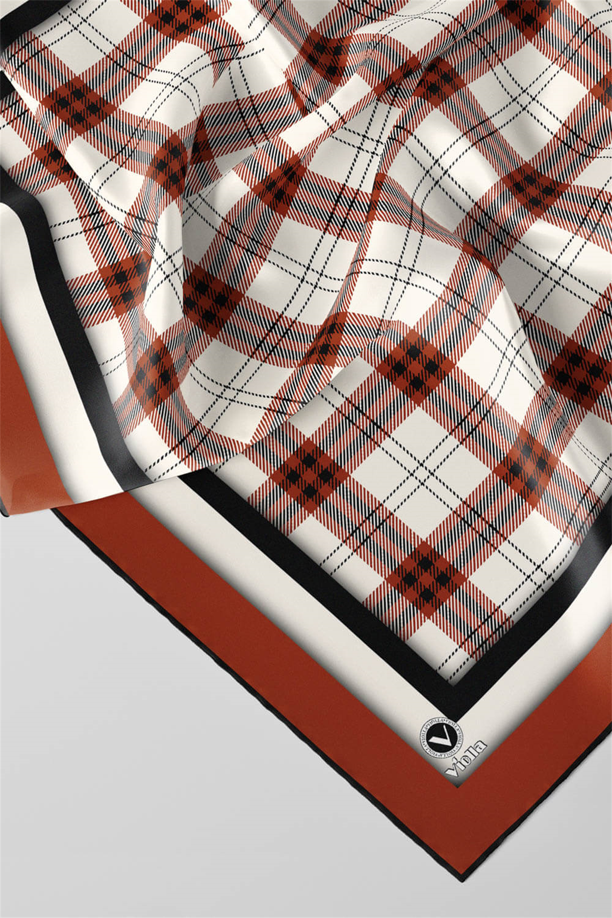 Twill Ekose Desenli Taba Renkli 90x90 Eşarp (İpek İçermez) Kenar Dikiş Şekli El Dikişli
