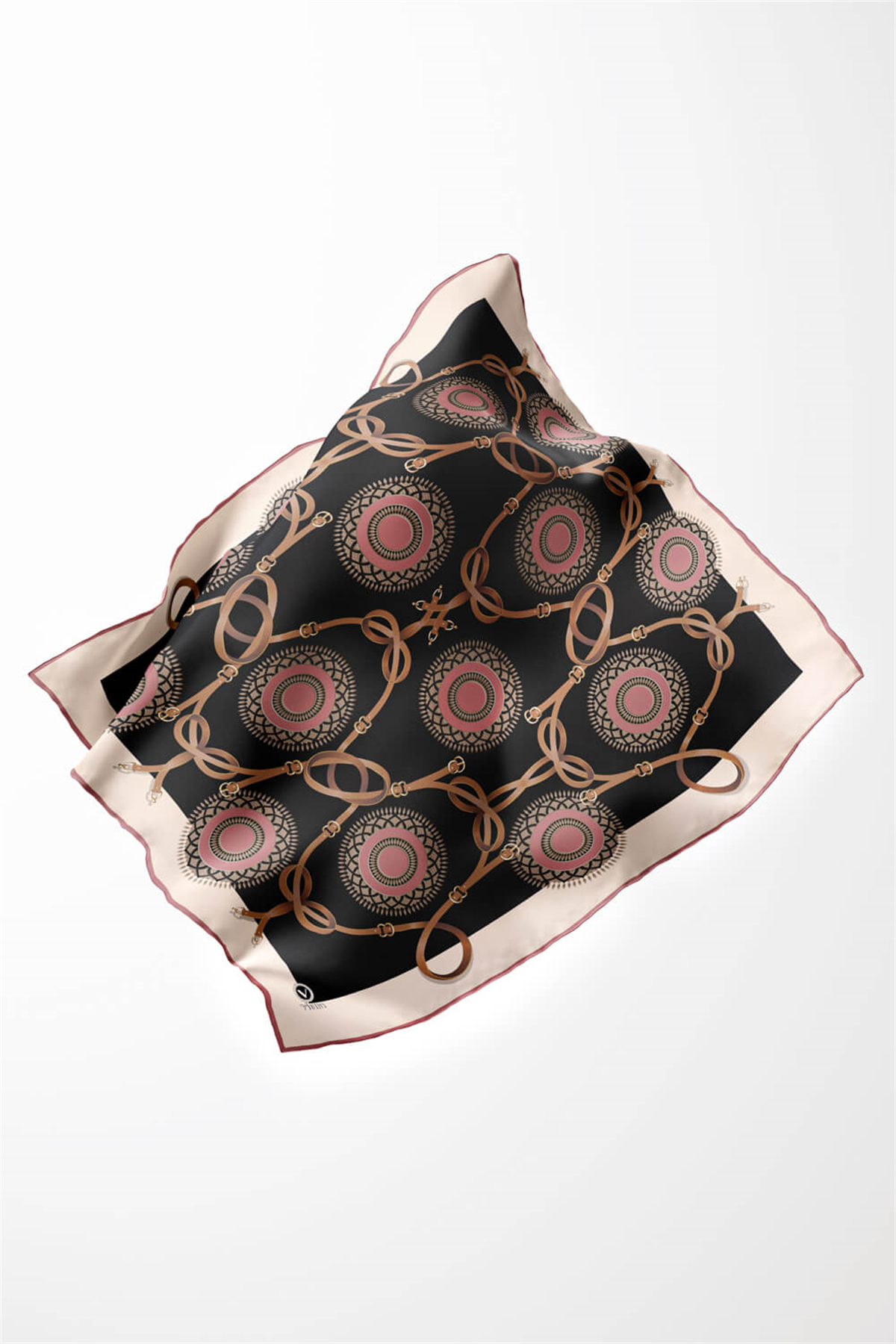 Twill Kemerli Ve Geometrik Desenli Gül Kurusu Renkli 90x90 Eşarp (İpek İçermez) Kenar Dikiş Şekli El Dikişli