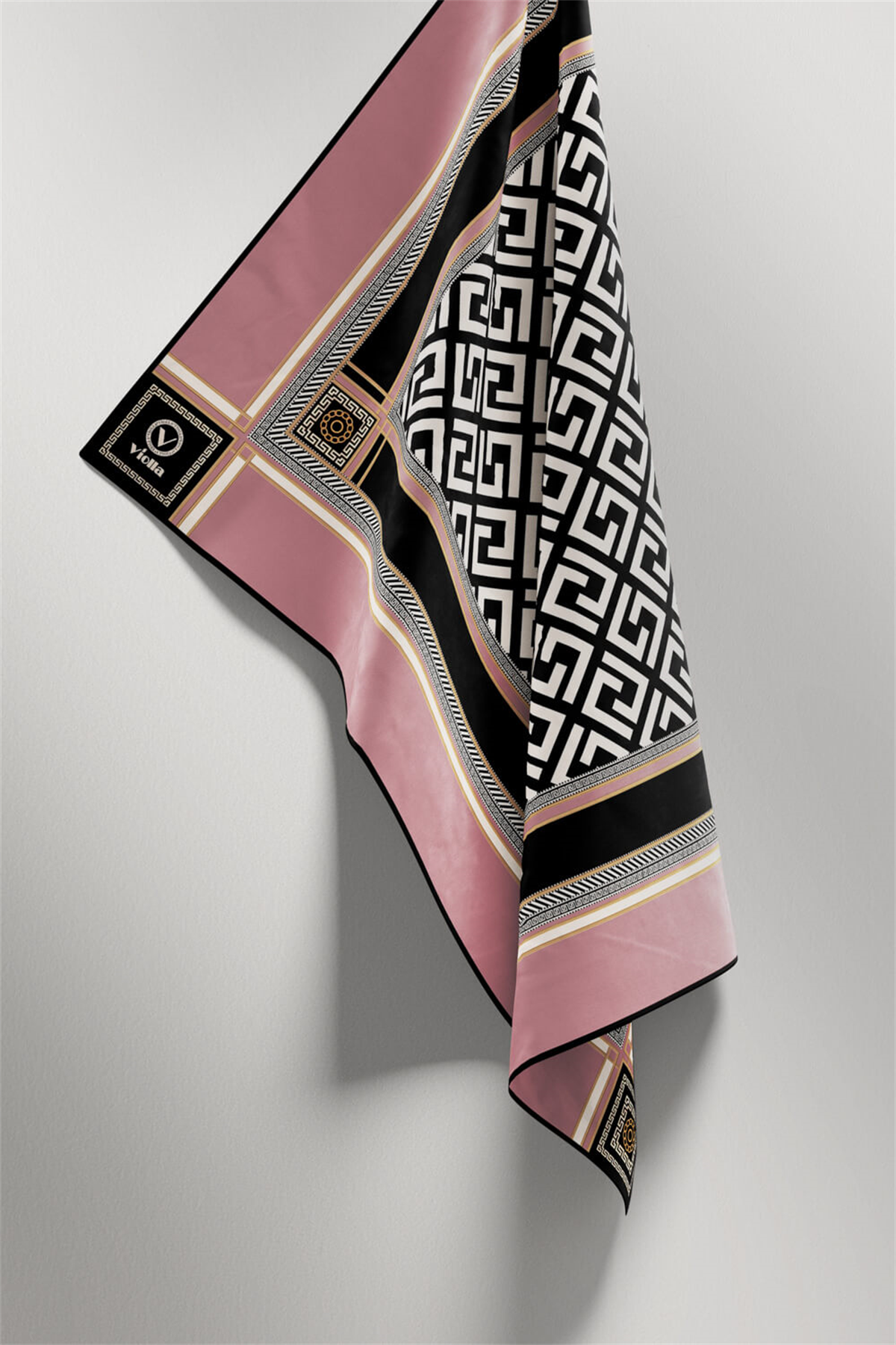 Twill Antik Desenli Pudra Renkli 90x90 Eşarp (İpek İçermez) Kenar Dikiş Şekli El Dikişli