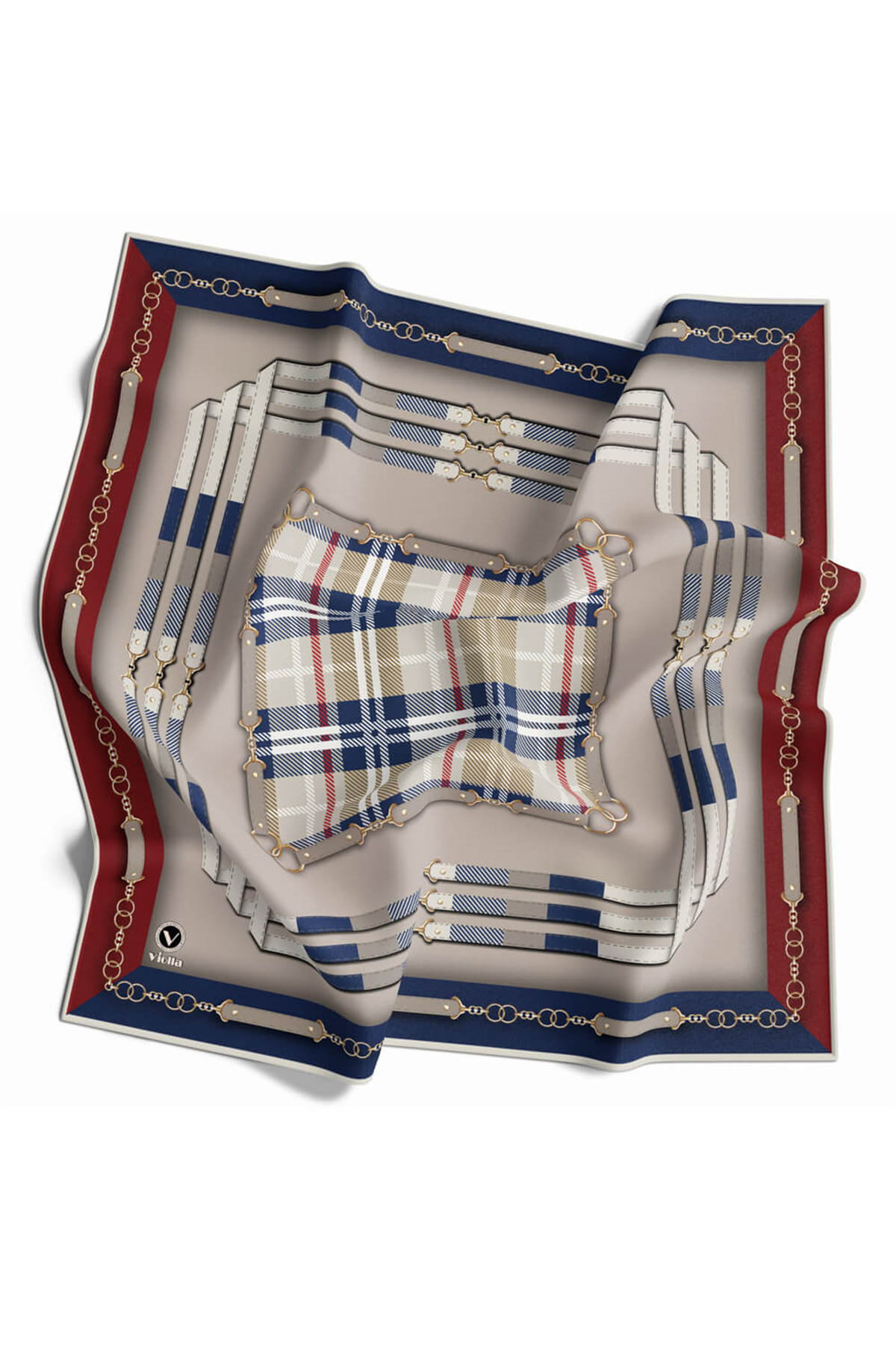 Twill Ekoseli Ve Zincir Desenli Bordo - Lacivert Renkli 90x90 Eşarp (İpek İçermez) Dikim Şekli : El Dikişi