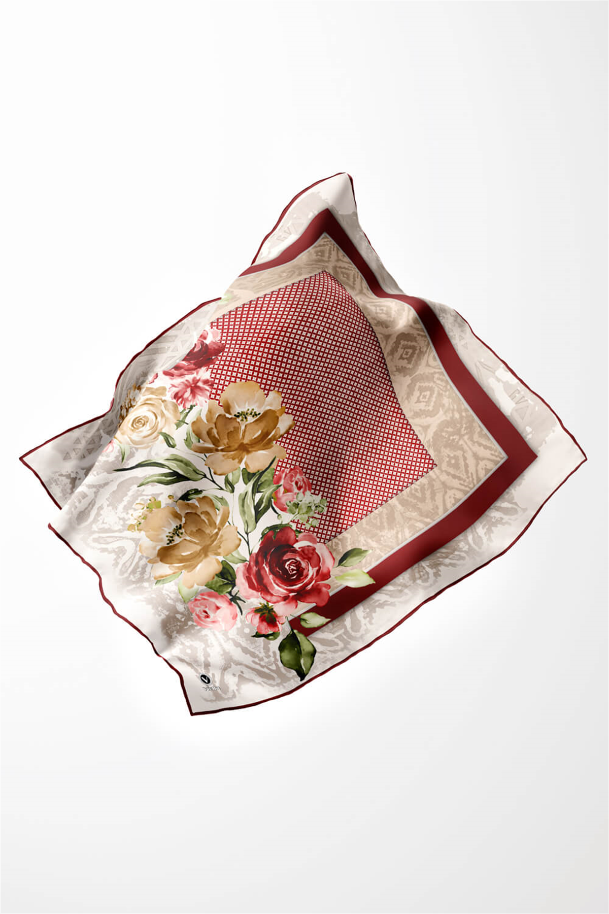 Twill Çiçek Desenli Bordo Renkli 90x90 Eşarp (İpek İçermez) Kenar Dikiş Şekli El Dikişli