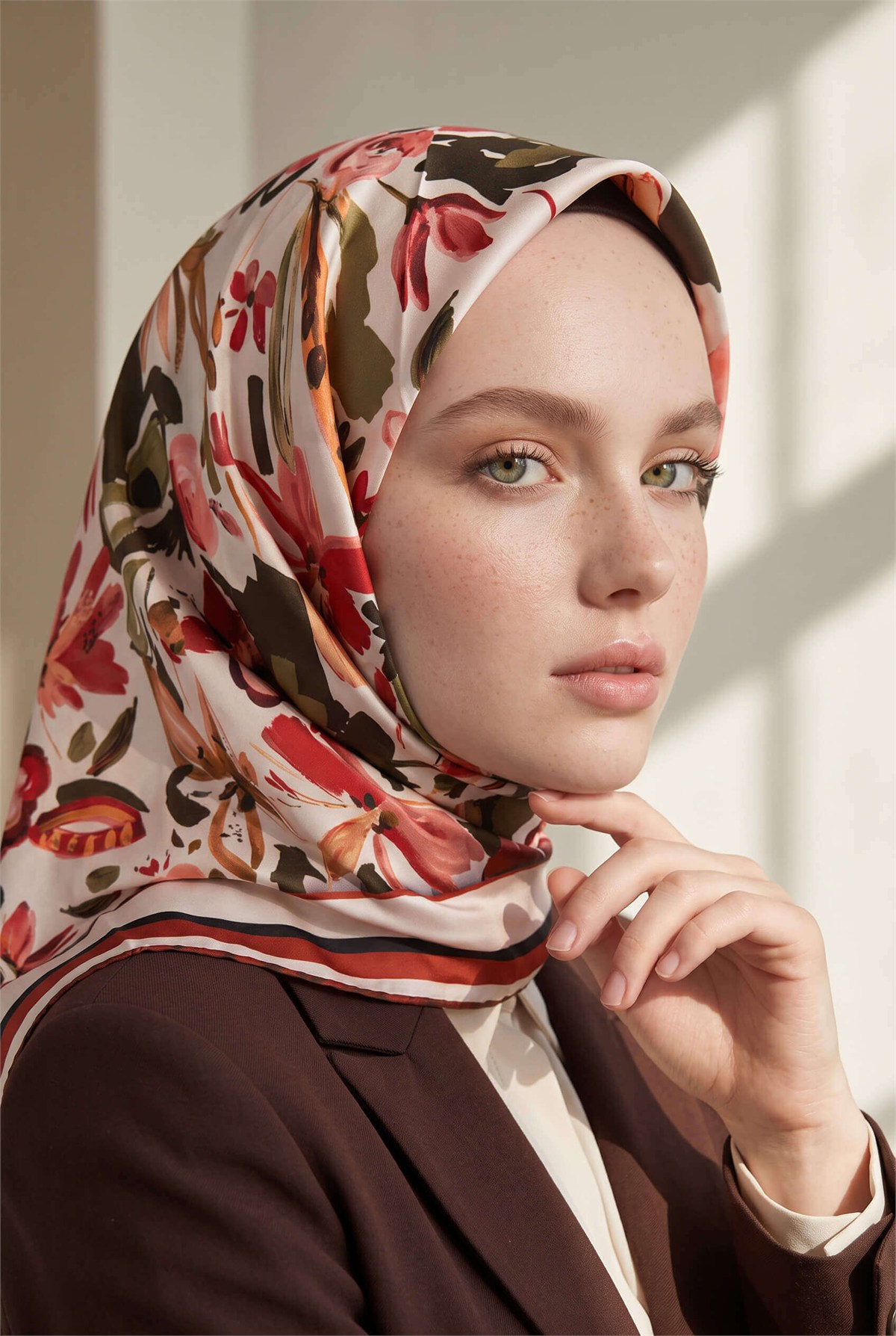 Rayon Çiçek Desenli Taba Renkli 90x90 Dikim Şekli : El Dikişi Eşarp (İpek İçermez)